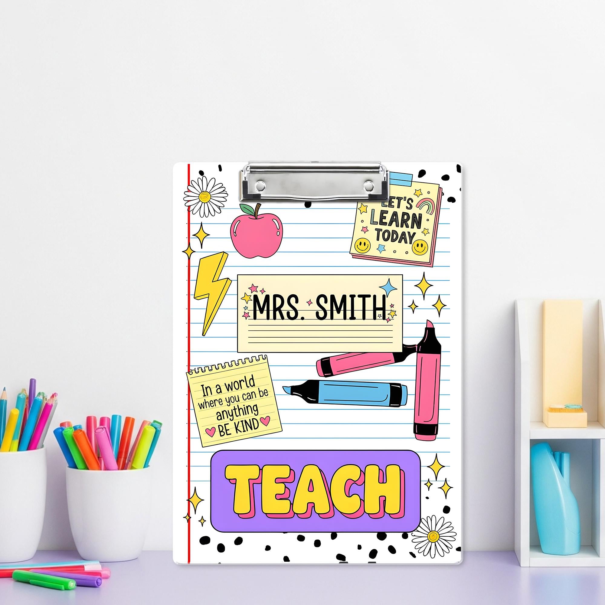 Personalized Teacher Clipboard – Cute Doodle Design with Name, Apple, Markers & Quotes, Fun Back to School Gift for Educators, Teachers
