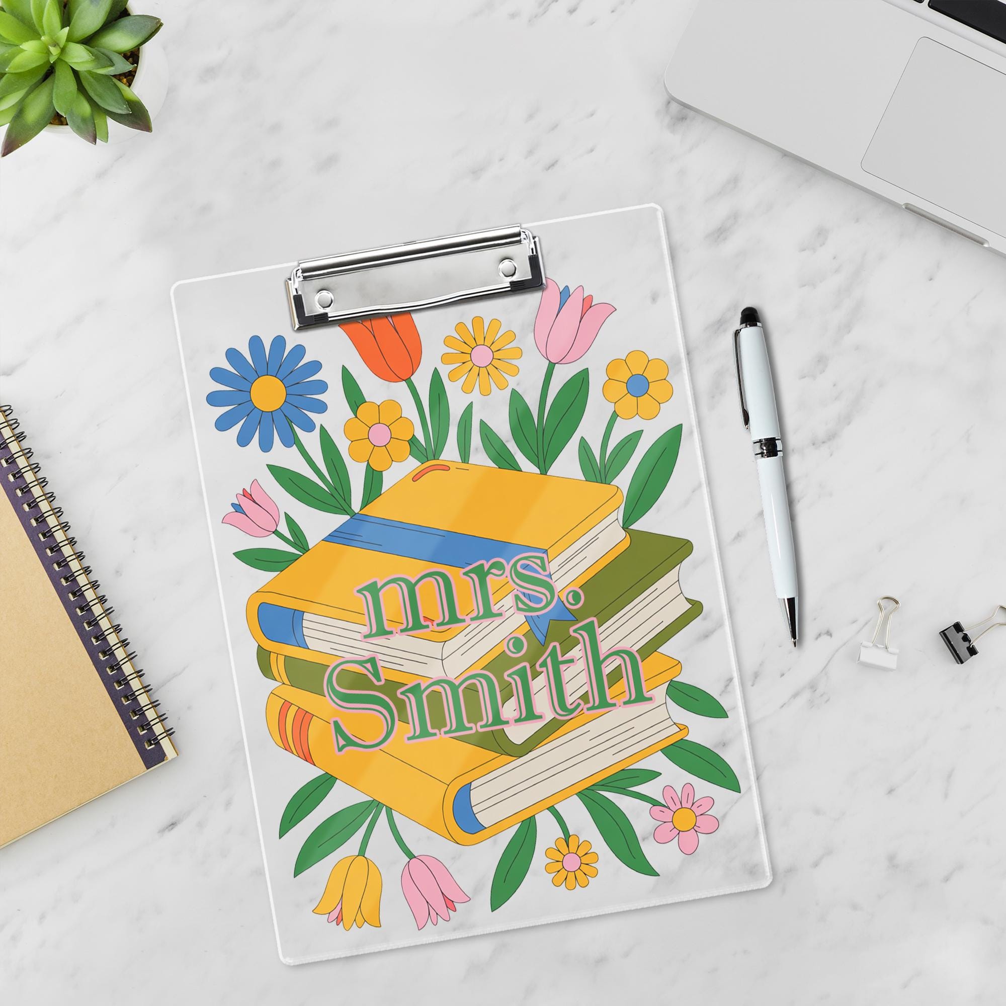 Personalized Teacher Clipboard, Floral and Book Design with Custom Name, Cute Back to School Gift for Educators, Librarians & Staff, Teacher