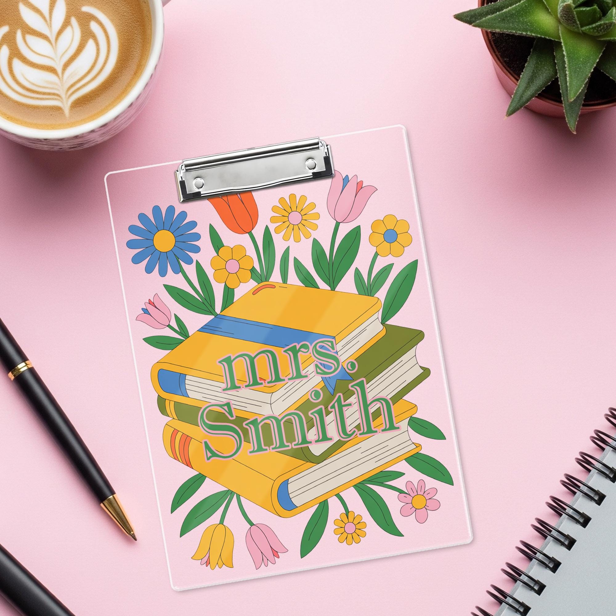 Personalized Teacher Clipboard, Floral and Book Design with Custom Name, Cute Back to School Gift for Educators, Librarians & Staff, Teacher
