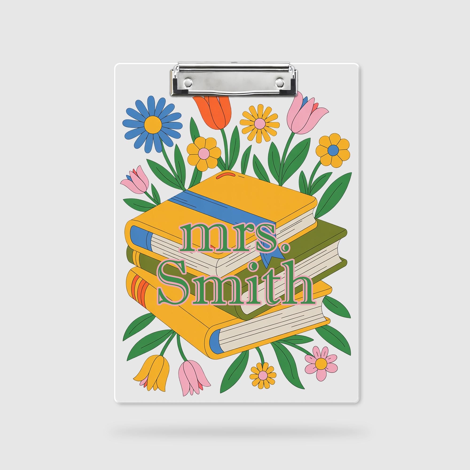 Personalized Teacher Clipboard, Floral and Book Design with Custom Name, Cute Back to School Gift for Educators, Librarians & Staff, Teacher