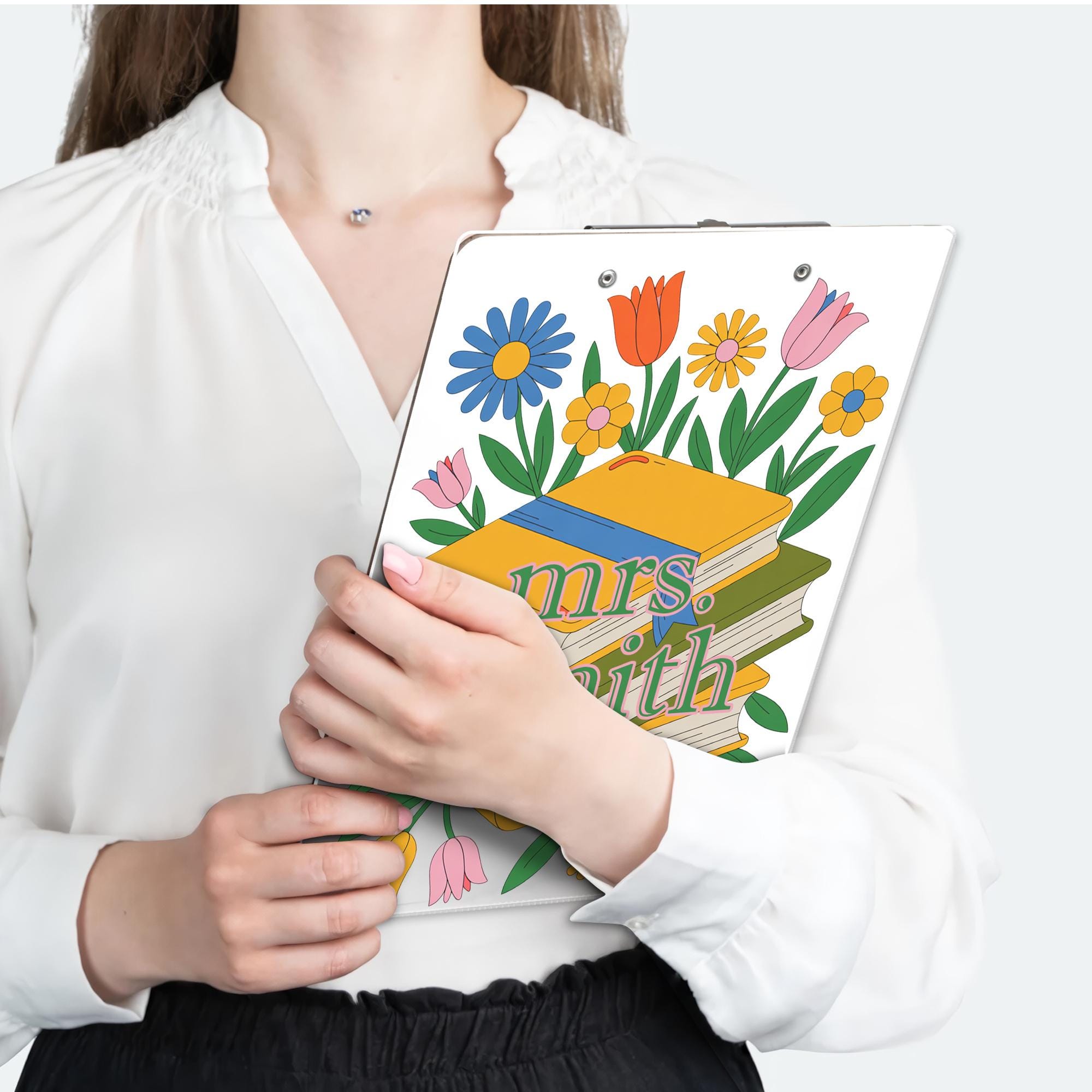 Personalized Teacher Clipboard, Floral and Book Design with Custom Name, Cute Back to School Gift for Educators, Librarians & Staff, Teacher
