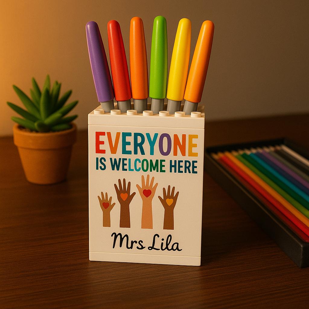 Personalized Teacher Gift Building Pencil Pot, Everyone is Welcome Here Sign, Custom Name, Inclusive Classroom Decor, Brick Organizer Caddy