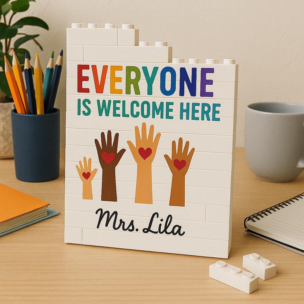 Personalized Teacher Gift Building Pencil Pot, Everyone is Welcome Here Sign, Custom Name, Inclusive Classroom Decor, Brick Organizer Caddy