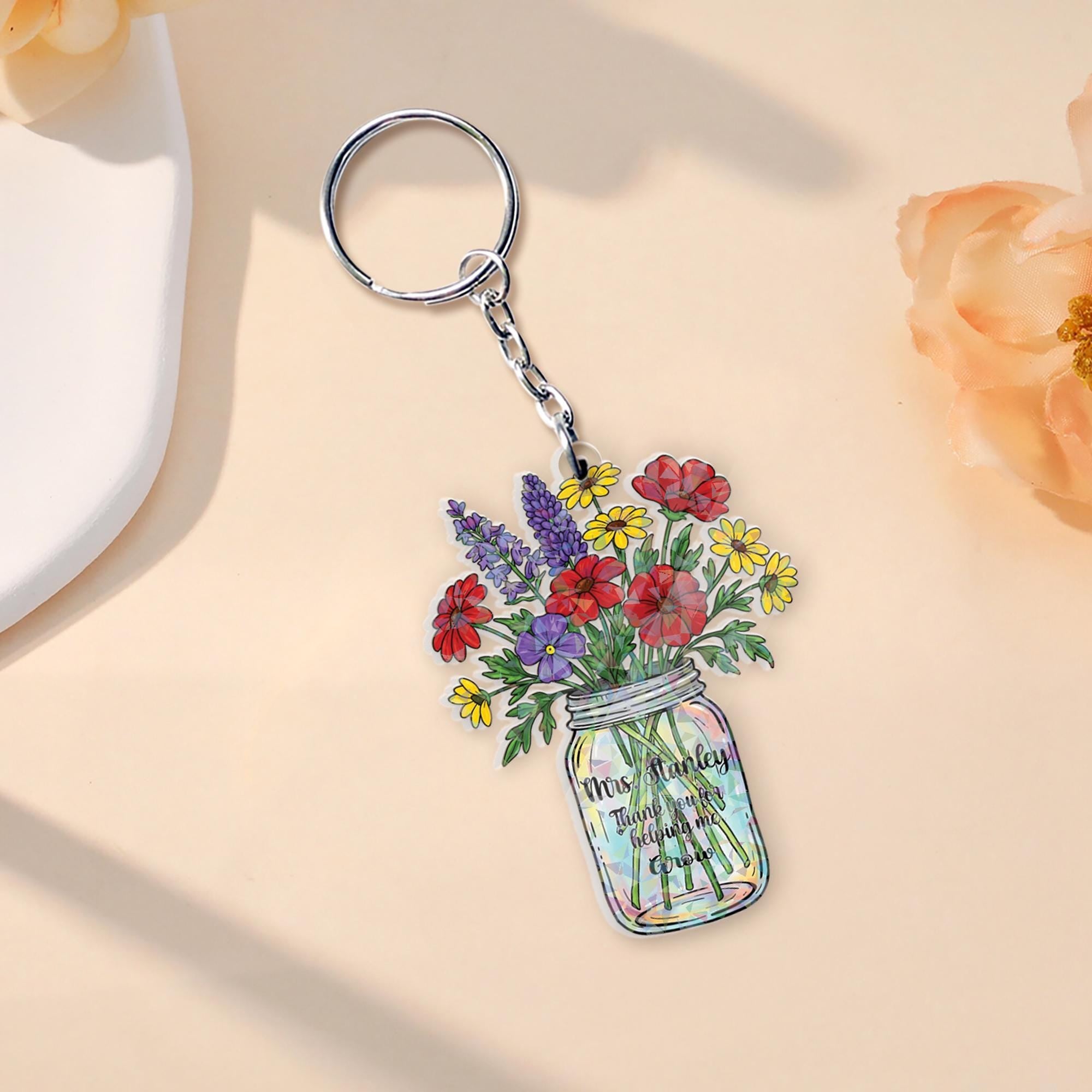 Custom Holographic Teacher Keychain – Personalized Flower Jar Gift, End of Year Appreciation Gift for Teachers, Cute Rainbow Keyring