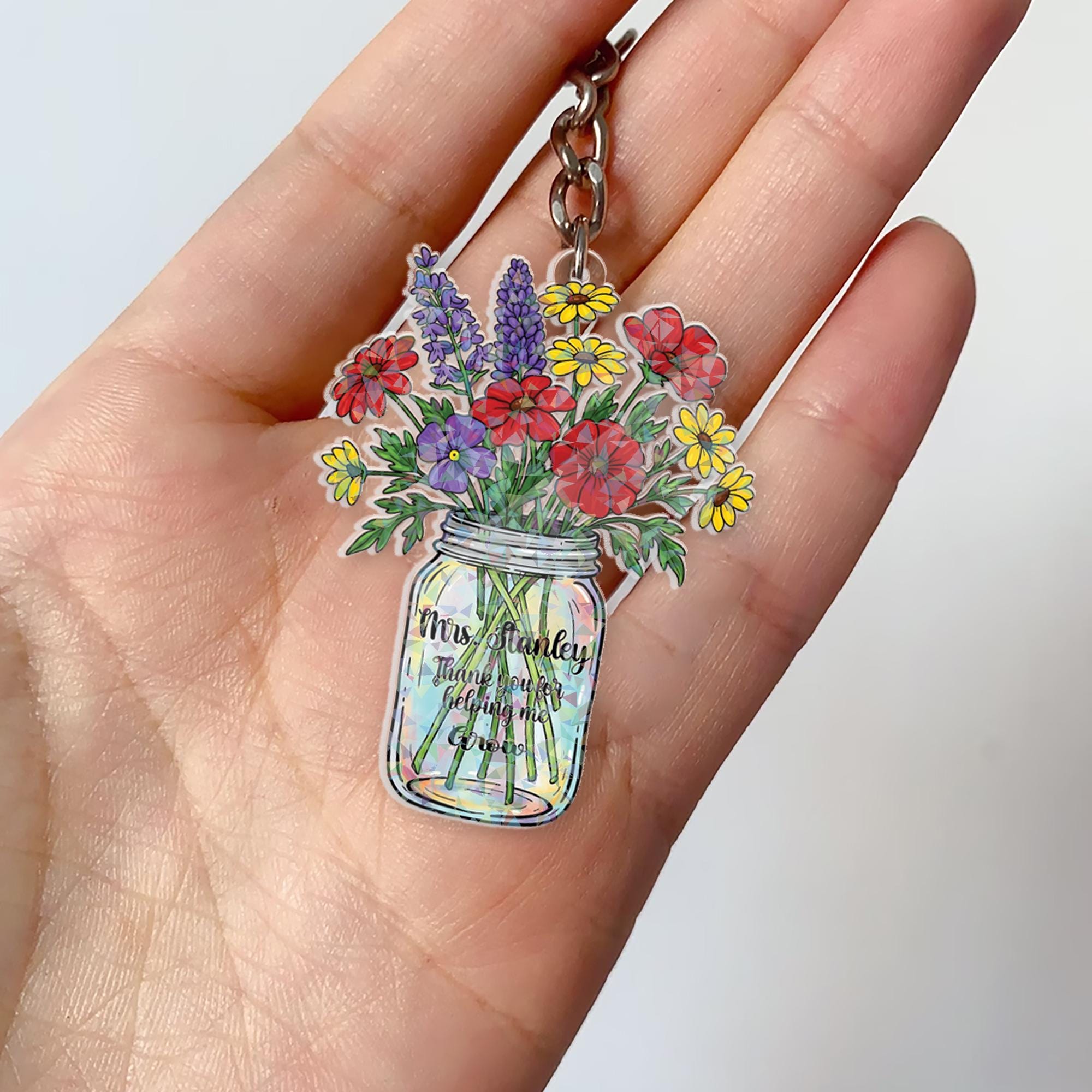 Custom Holographic Teacher Keychain – Personalized Flower Jar Gift, End of Year Appreciation Gift for Teachers, Cute Rainbow Keyring