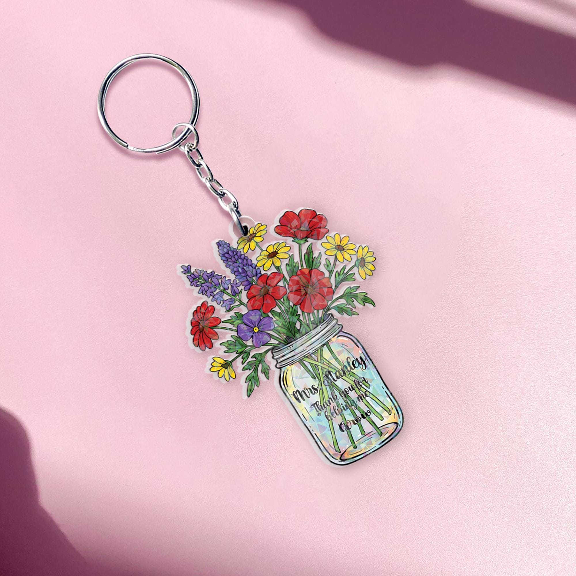 Custom Holographic Teacher Keychain – Personalized Flower Jar Gift, End of Year Appreciation Gift for Teachers, Cute Rainbow Keyring