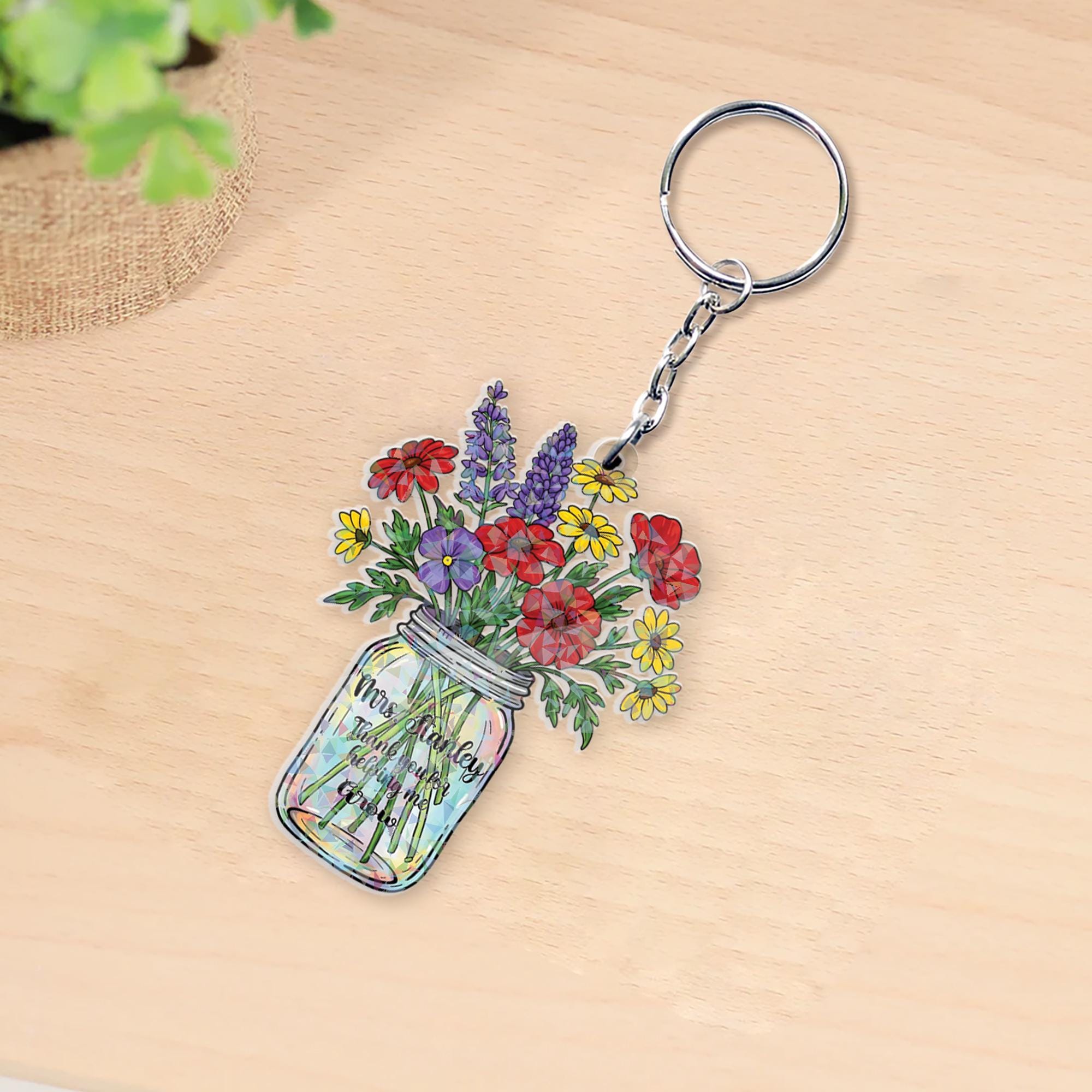 Custom Holographic Teacher Keychain – Personalized Flower Jar Gift, End of Year Appreciation Gift for Teachers, Cute Rainbow Keyring
