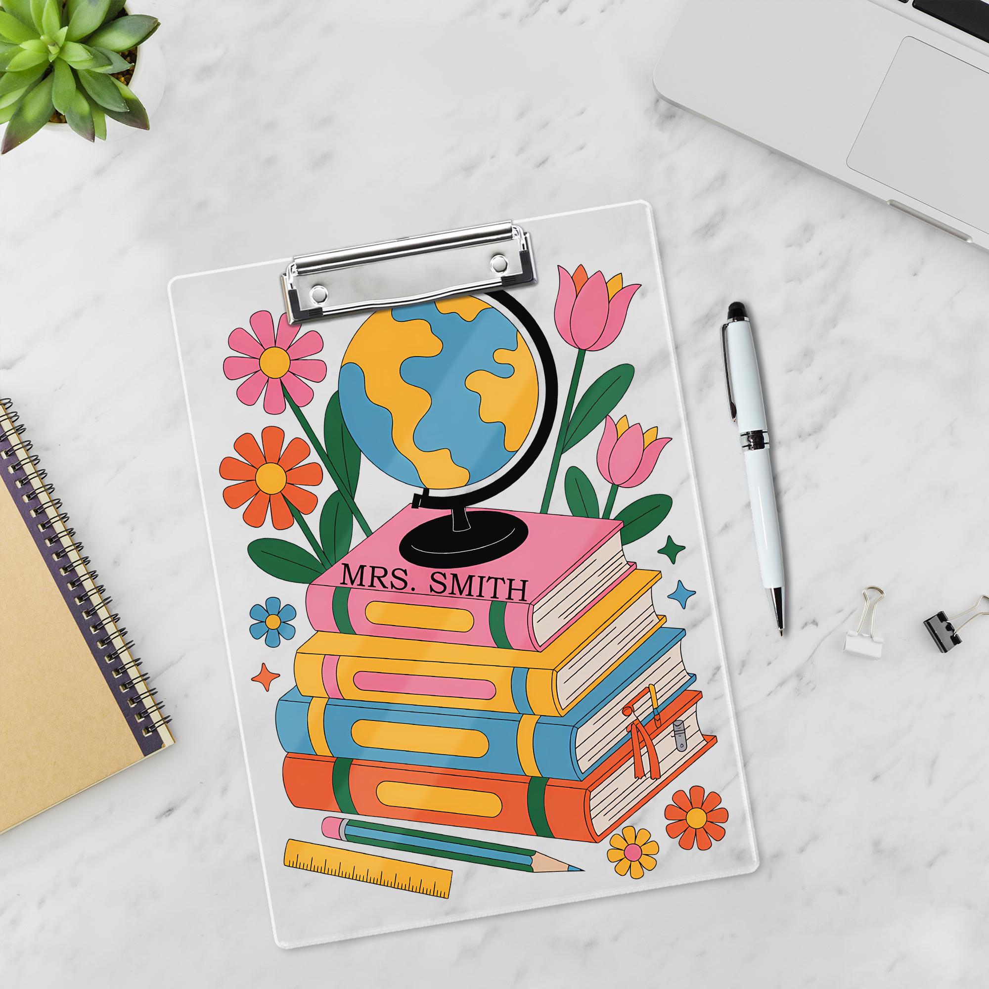 Personalized Geography Teacher Clipboard – Globe, Books & Floral Design with Custom Name, Cute Back to School Gift for Educators, Staff