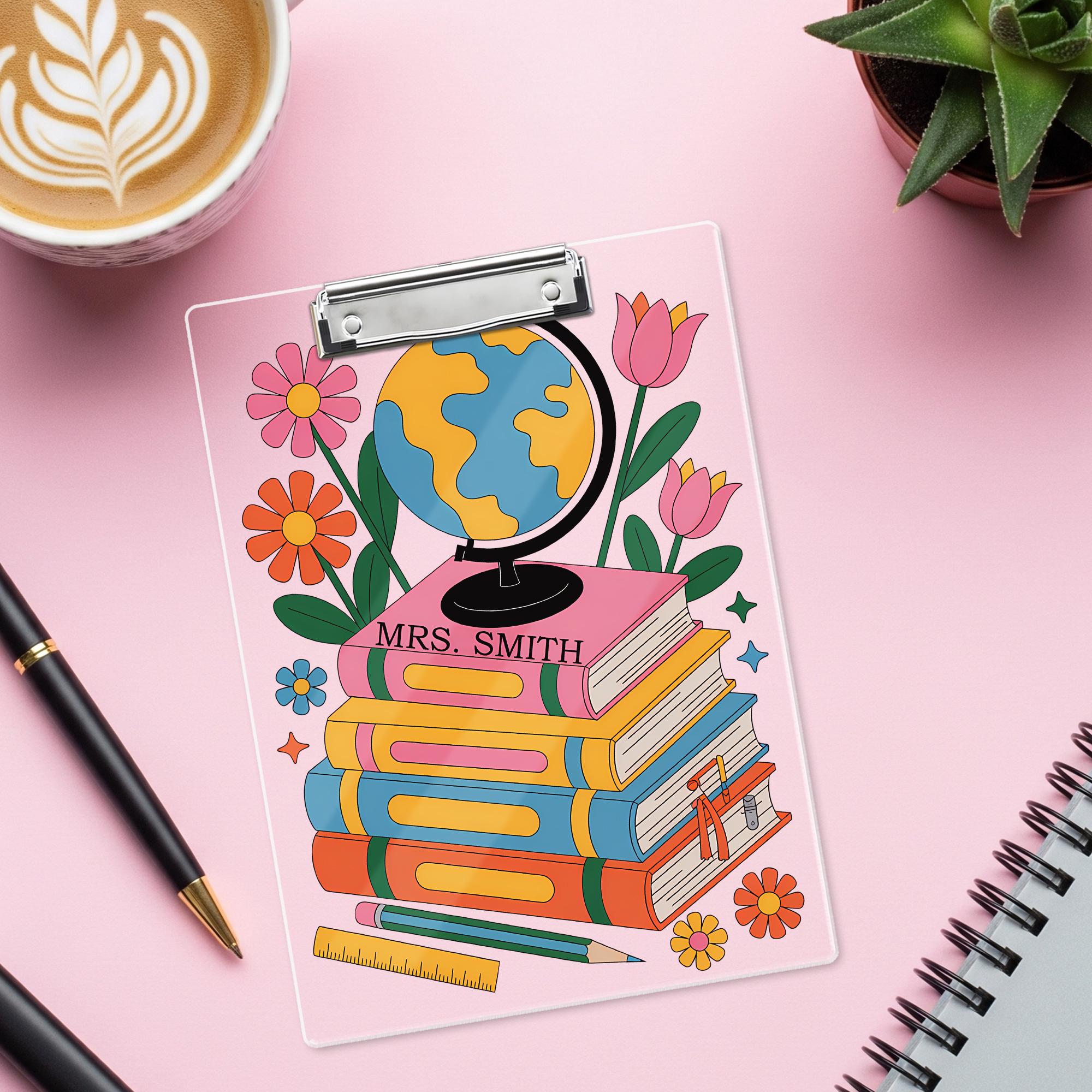Personalized Geography Teacher Clipboard – Globe, Books & Floral Design with Custom Name, Cute Back to School Gift for Educators, Staff