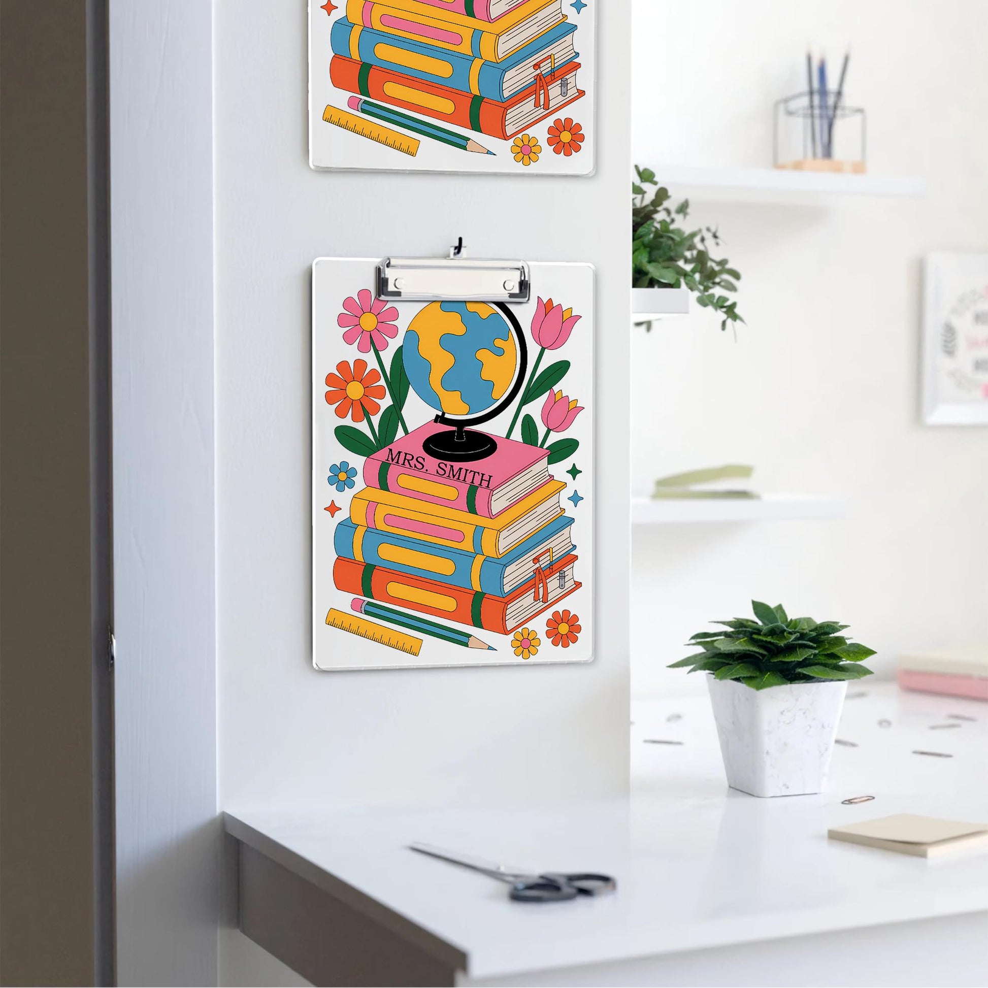 Personalized Geography Teacher Clipboard – Globe, Books & Floral Design with Custom Name, Cute Back to School Gift for Educators, Staff