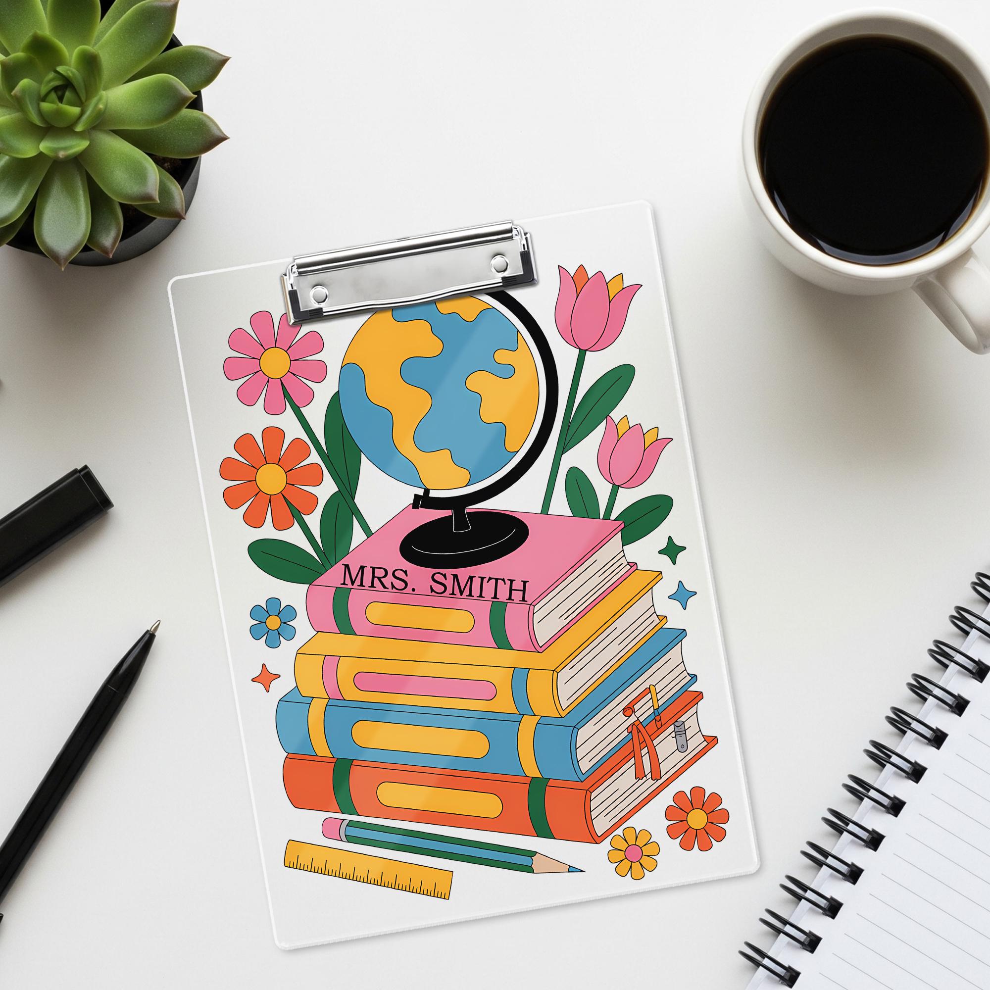 Personalized Geography Teacher Clipboard – Globe, Books & Floral Design with Custom Name, Cute Back to School Gift for Educators, Staff