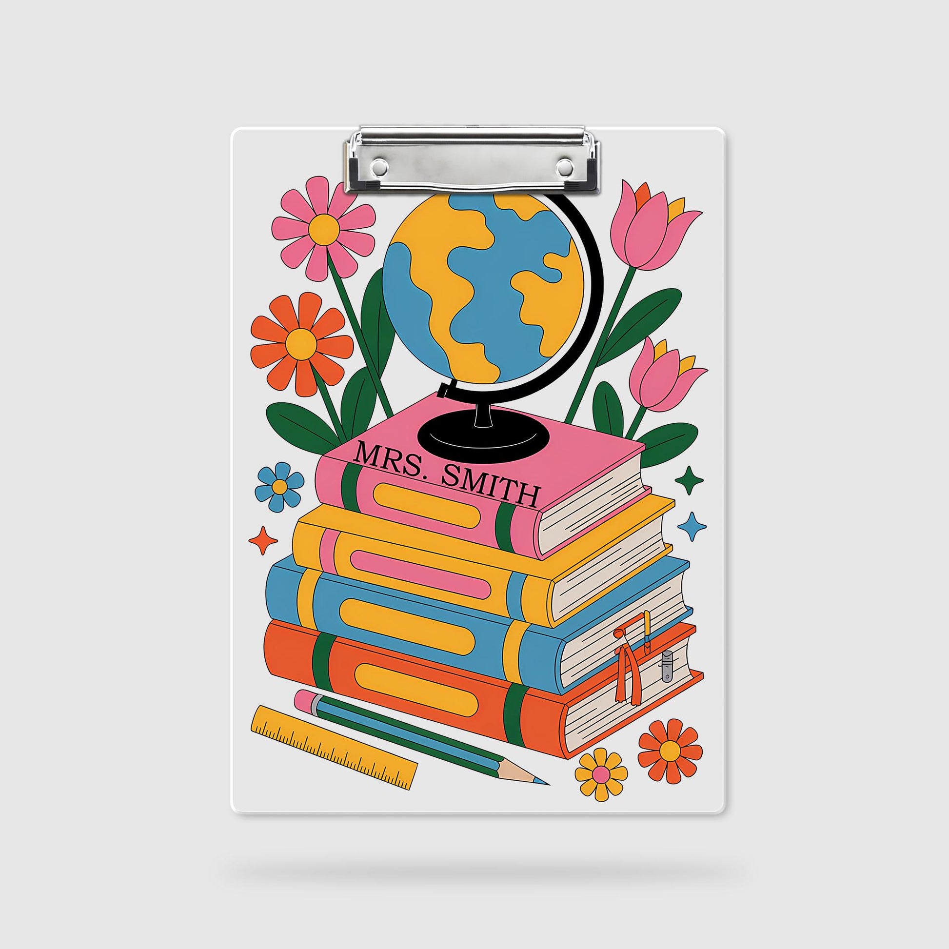 Personalized Geography Teacher Clipboard – Globe, Books & Floral Design with Custom Name, Cute Back to School Gift for Educators, Staff