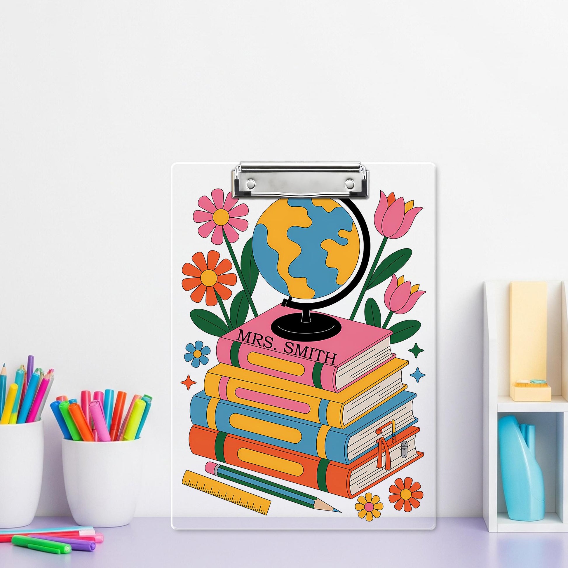 Personalized Geography Teacher Clipboard – Globe, Books & Floral Design with Custom Name, Cute Back to School Gift for Educators, Staff