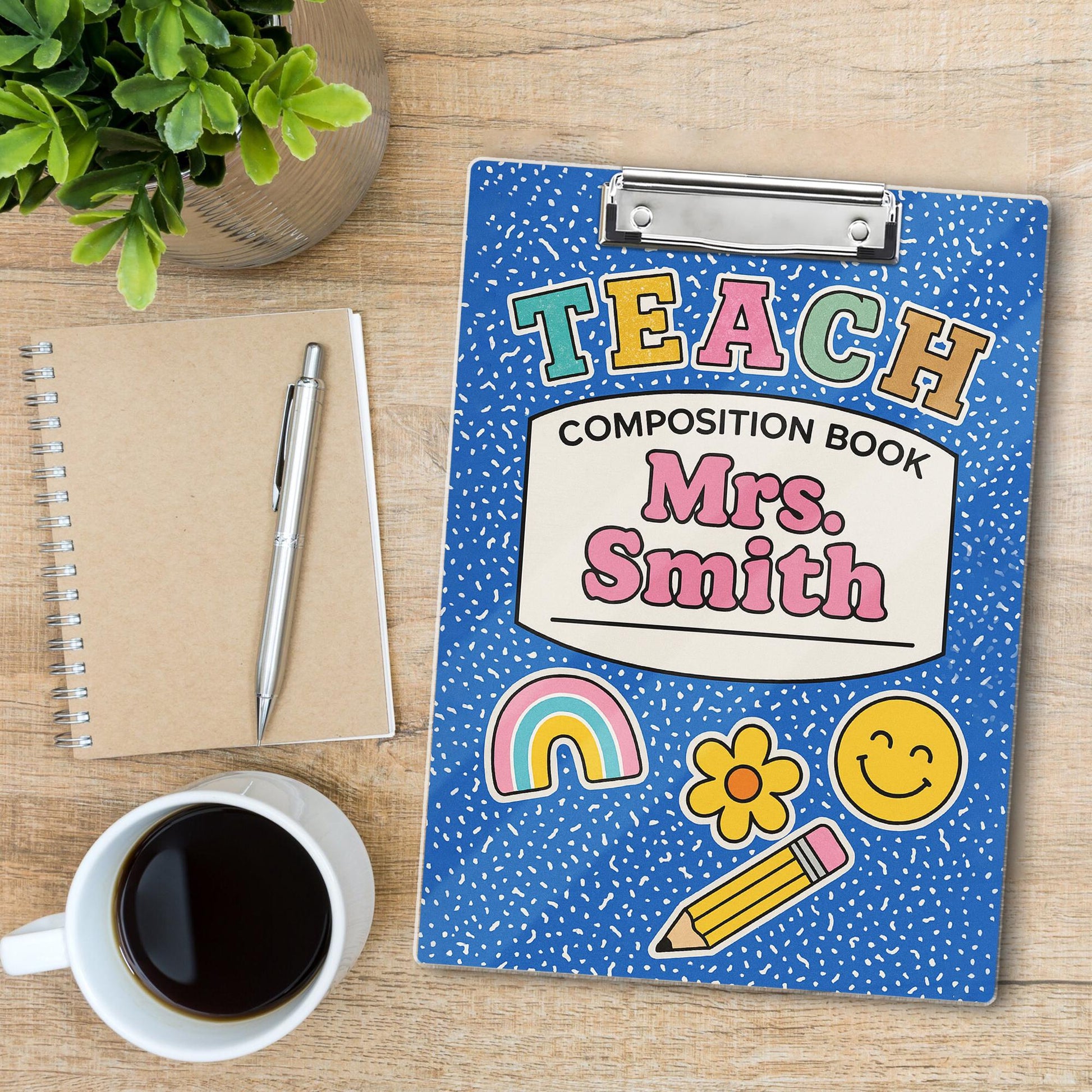 Personalized Teacher Clipboard – Blue Composition Book Design with Name & Cute Icons, Fun Back to School Gift for Educators, Staff, Teachers