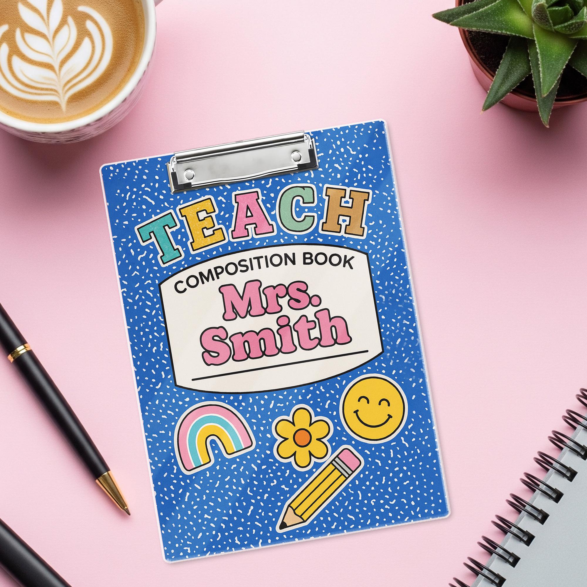 Personalized Teacher Clipboard – Blue Composition Book Design with Name & Cute Icons, Fun Back to School Gift for Educators, Staff, Teachers