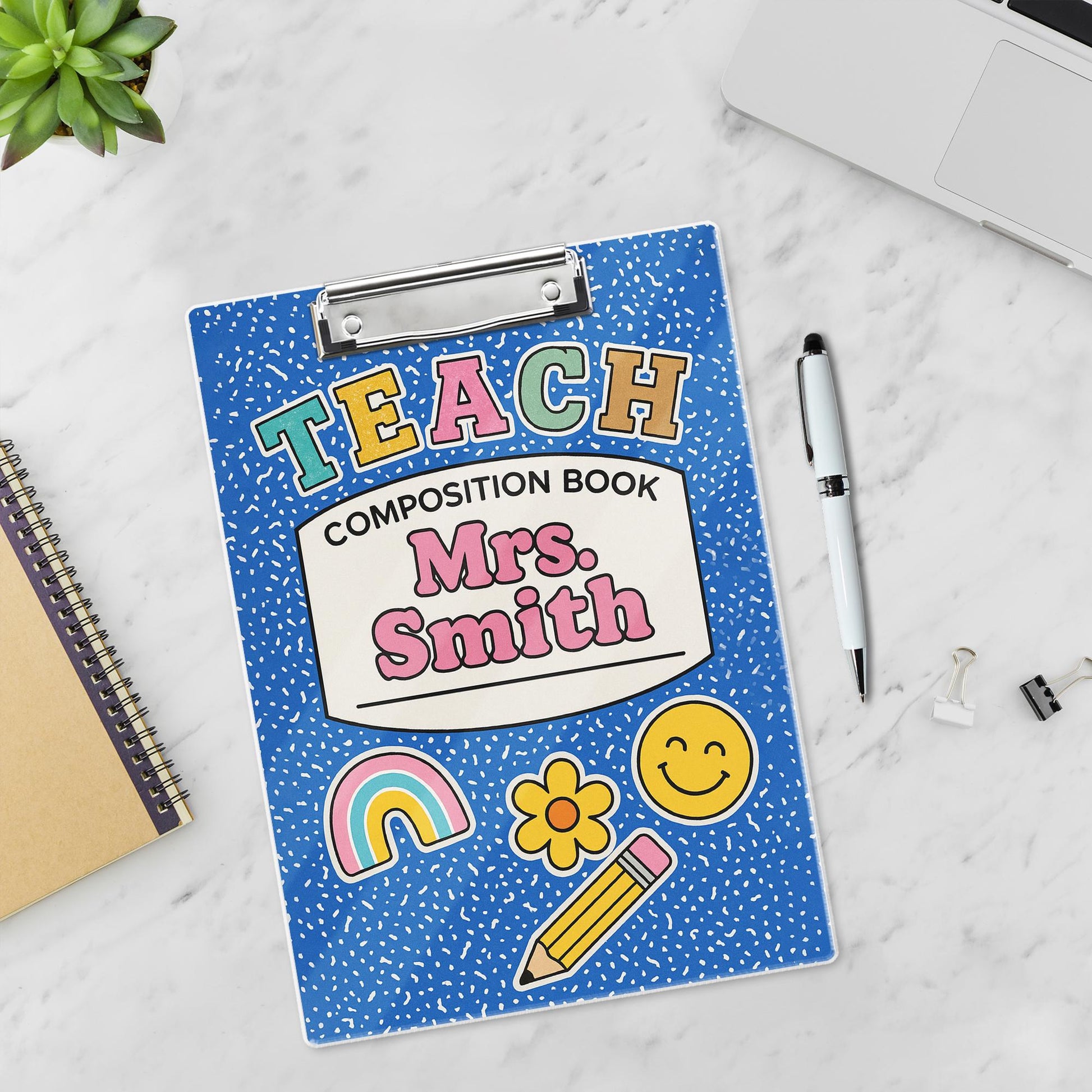 Personalized Teacher Clipboard – Blue Composition Book Design with Name & Cute Icons, Fun Back to School Gift for Educators, Staff, Teachers
