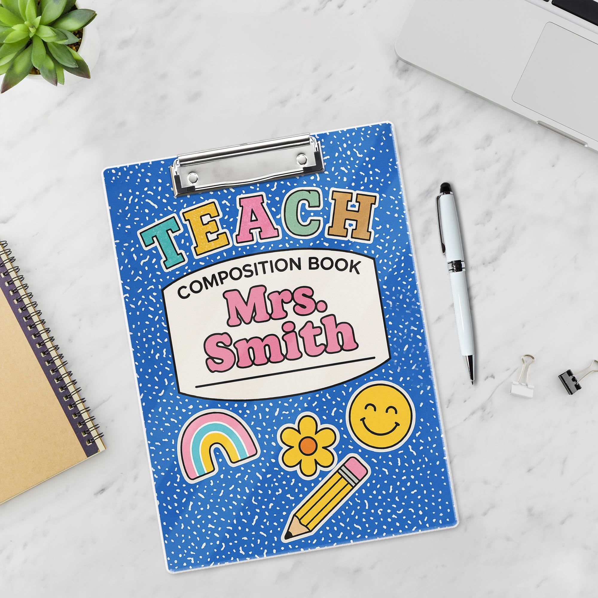 Personalized Teacher Clipboard – Blue Composition Book Design with Name & Cute Icons, Fun Back to School Gift for Educators, Staff, Teachers