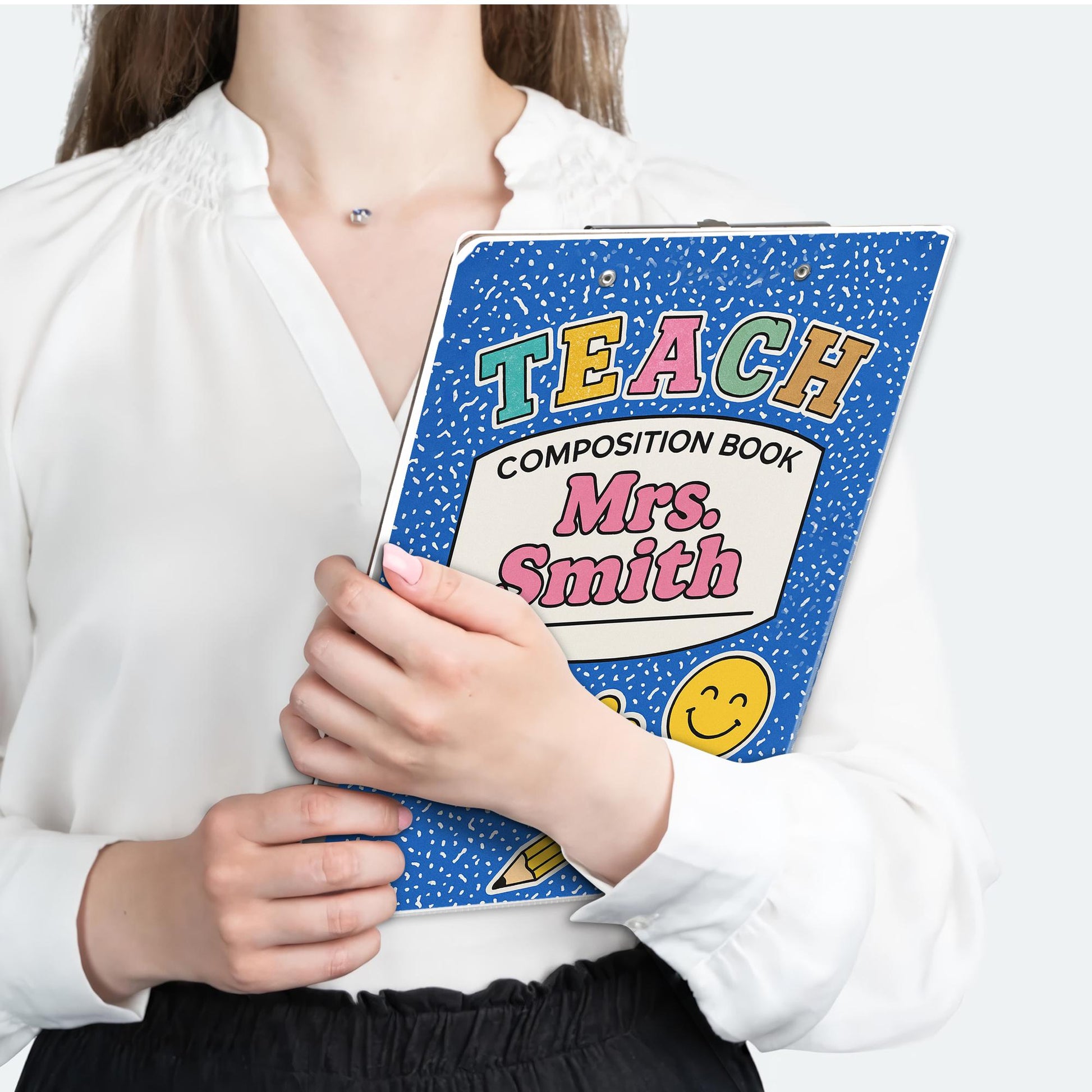 Personalized Teacher Clipboard – Blue Composition Book Design with Name & Cute Icons, Fun Back to School Gift for Educators, Staff, Teachers