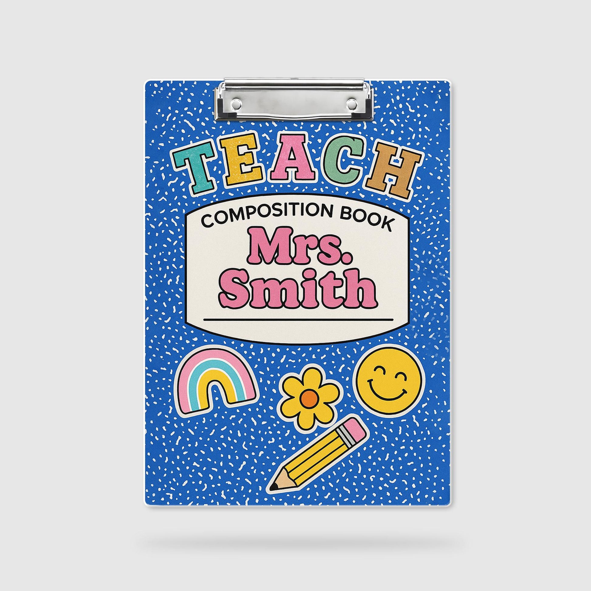 Personalized Teacher Clipboard – Blue Composition Book Design with Name & Cute Icons, Fun Back to School Gift for Educators, Staff, Teachers