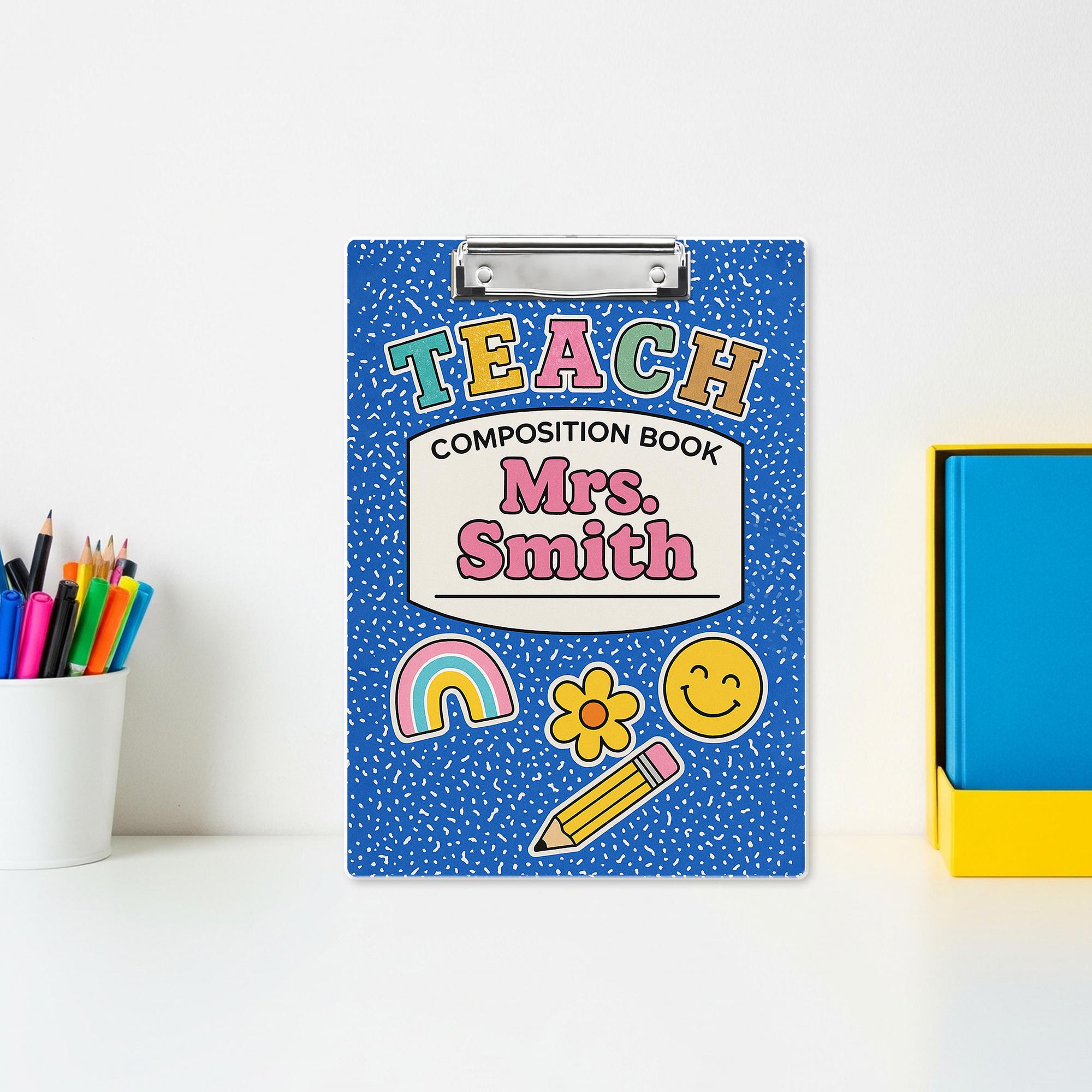 Personalized Teacher Clipboard – Blue Composition Book Design with Name & Cute Icons, Fun Back to School Gift for Educators, Staff, Teachers