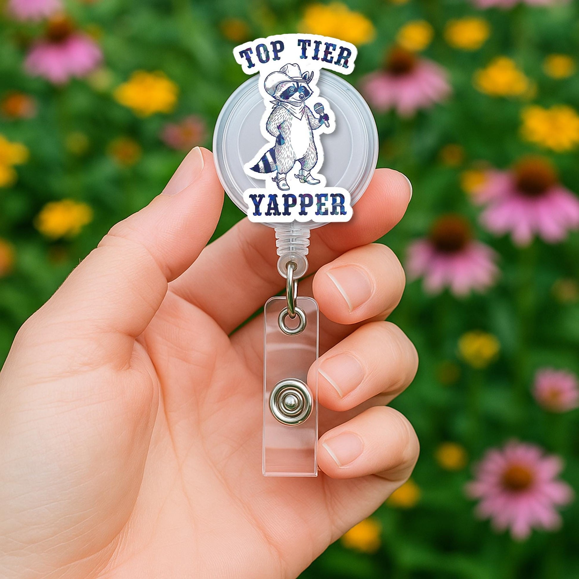 Top Tier Yapper Badge Reel – Funny Raccoon Retractable ID Holder, Humorous Work Accessory for Nurses, Office, or Customer Service