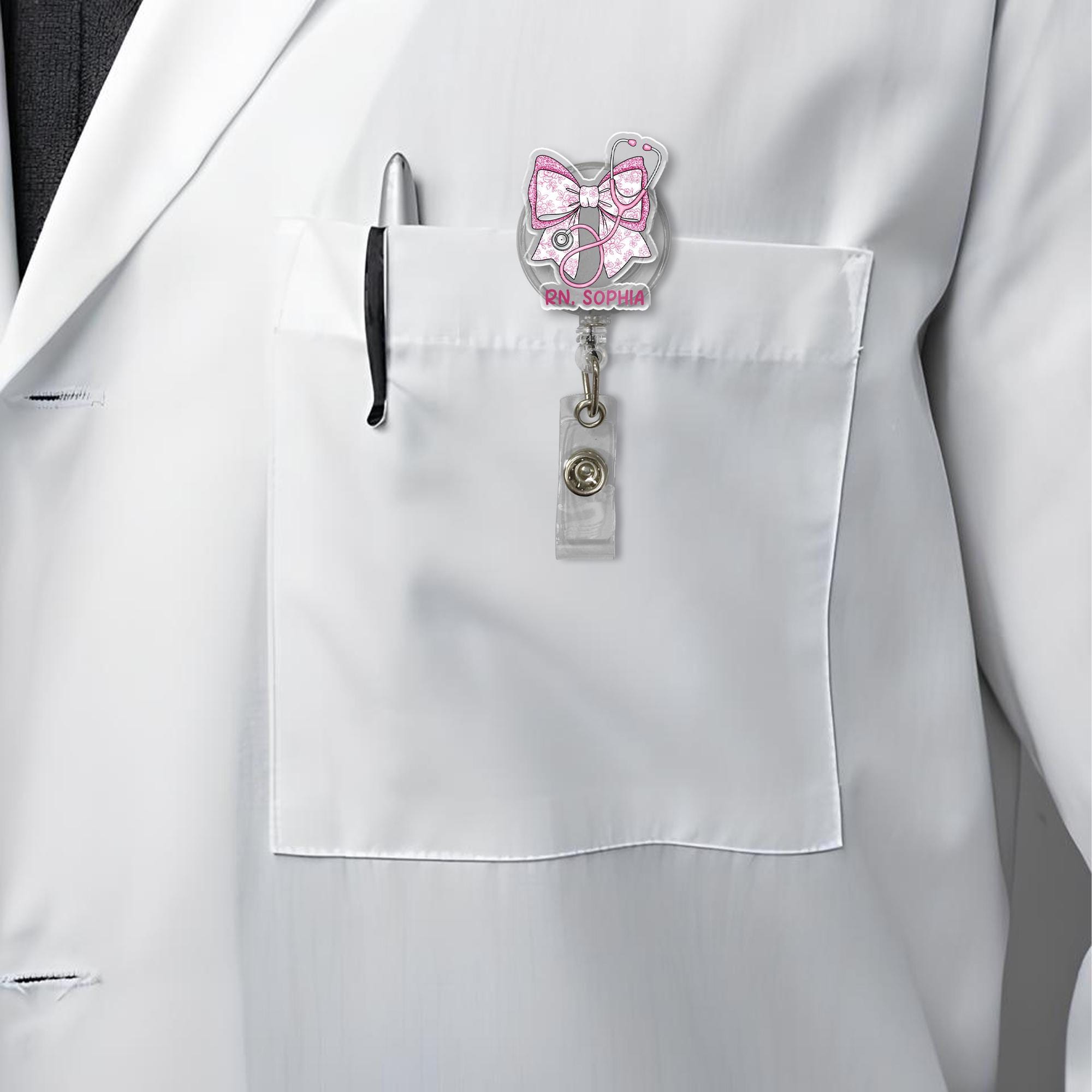 Personalized Pink Chinoiserie Floral Bow, RN Nurse Badge Reel, Custom Nurse ID Holder, Cute Pink Badge Clip, Nursing Gift, RN Id Holder
