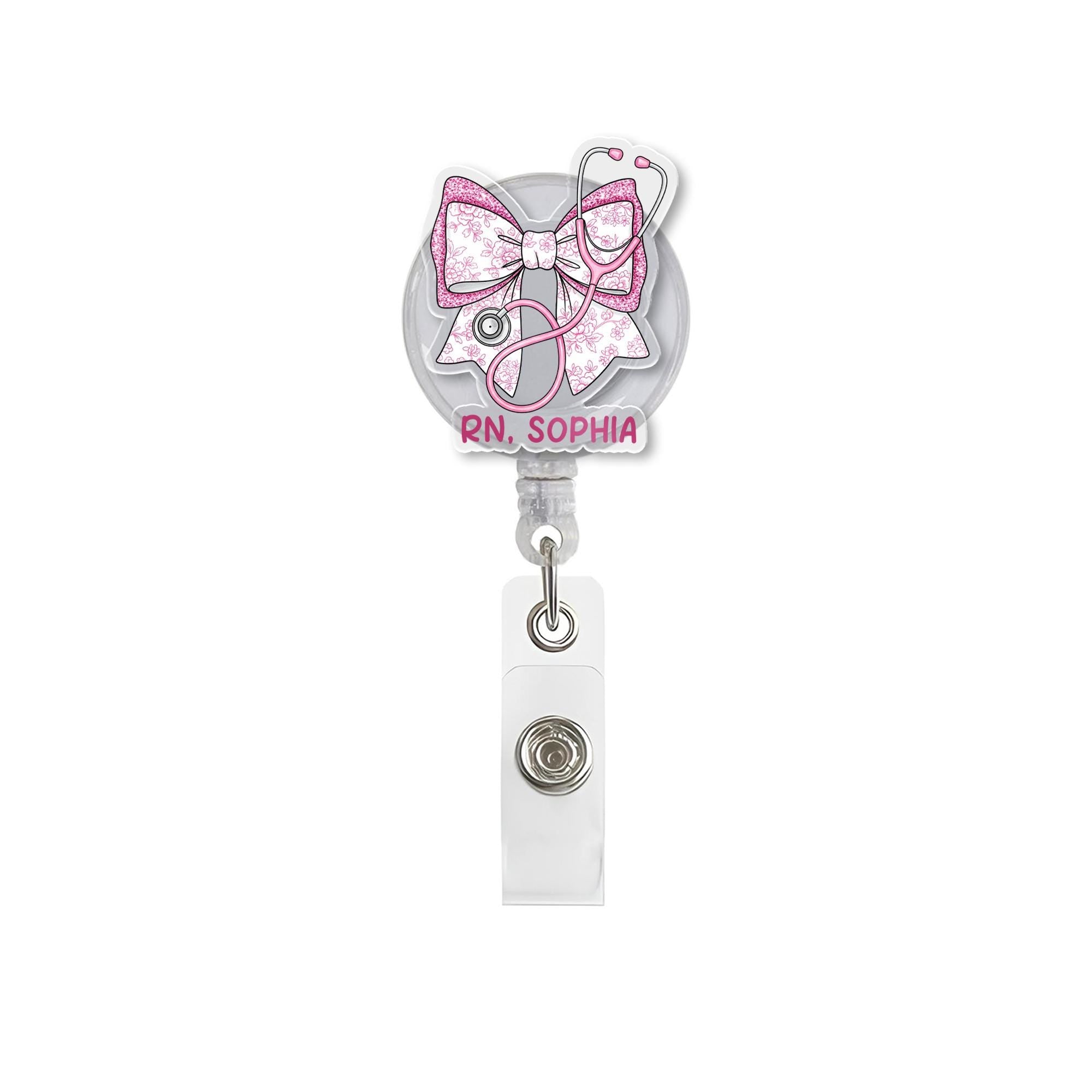 Personalized Pink Chinoiserie Floral Bow, RN Nurse Badge Reel, Custom Nurse ID Holder, Cute Pink Badge Clip, Nursing Gift, RN Id Holder