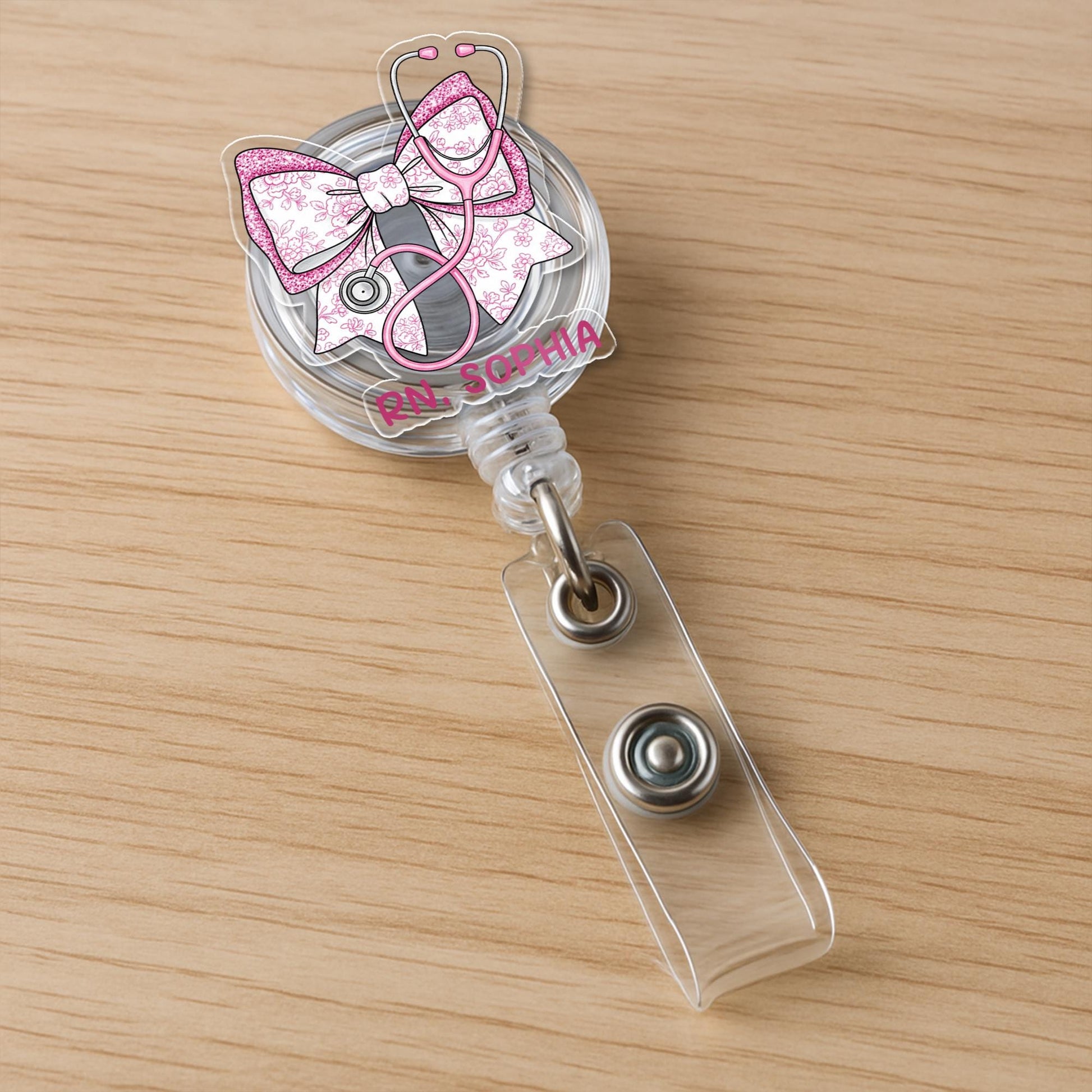 Personalized Pink Chinoiserie Floral Bow, RN Nurse Badge Reel, Custom Nurse ID Holder, Cute Pink Badge Clip, Nursing Gift, RN Id Holder