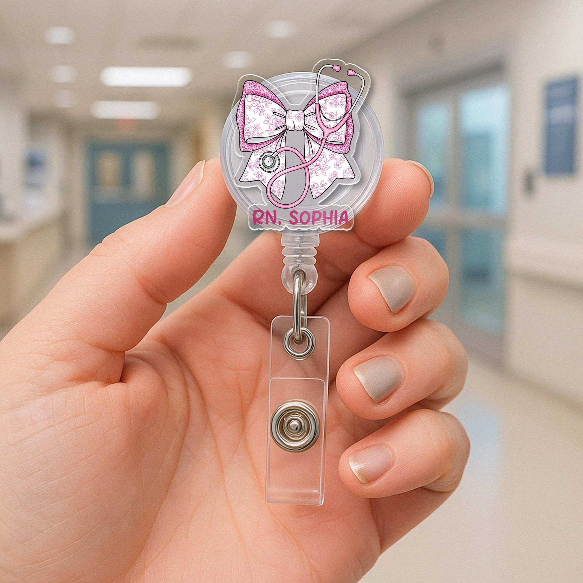 Personalized Pink Chinoiserie Floral Bow, RN Nurse Badge Reel, Custom Nurse ID Holder, Cute Pink Badge Clip, Nursing Gift, RN Id Holder