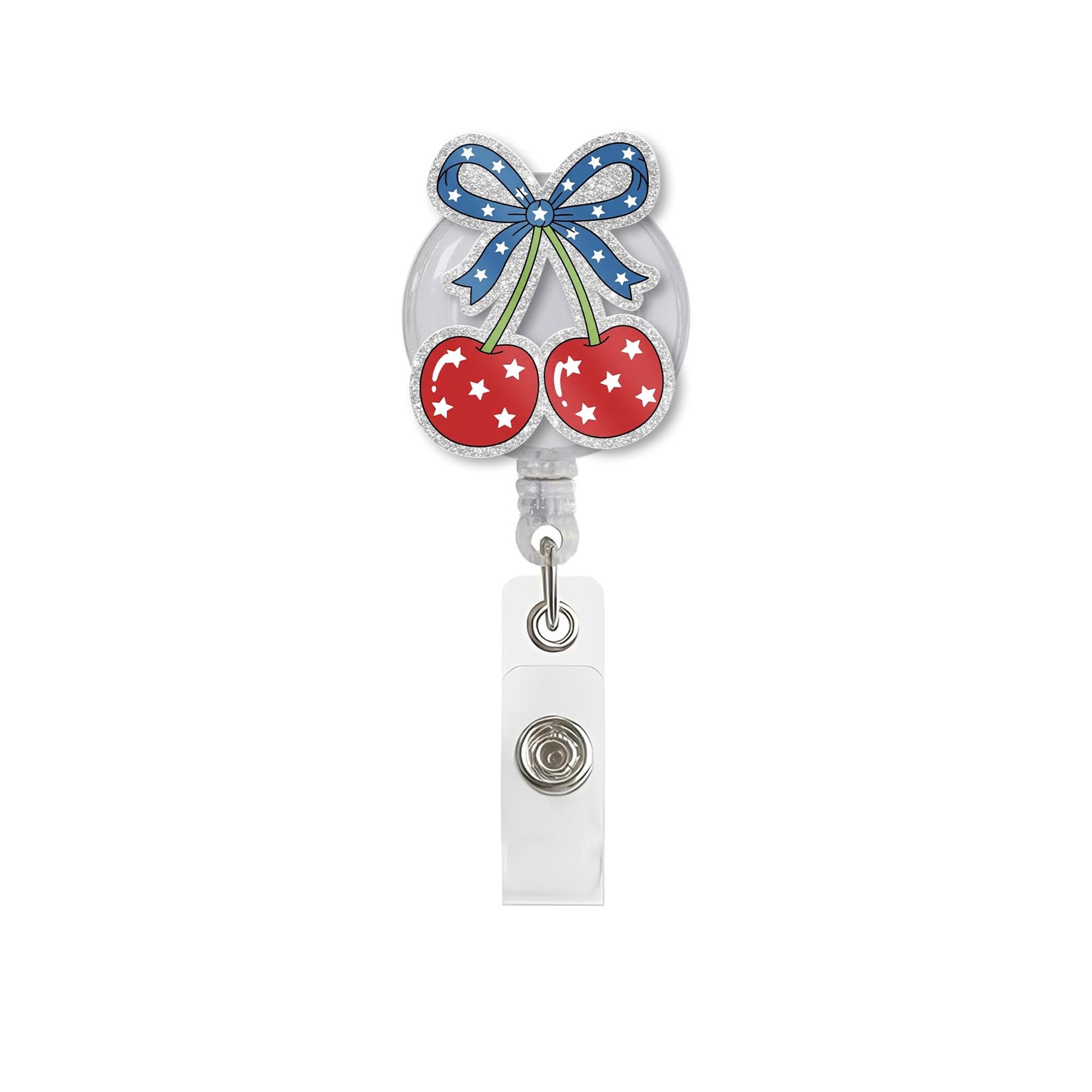 Patriotic Coquette Cherry Faux Glitter Badge Reel, Cute ID Holder, Y2K Nurse Accessory, Red White Blue Aesthetic,Girly RN Gift,Kute 4th July