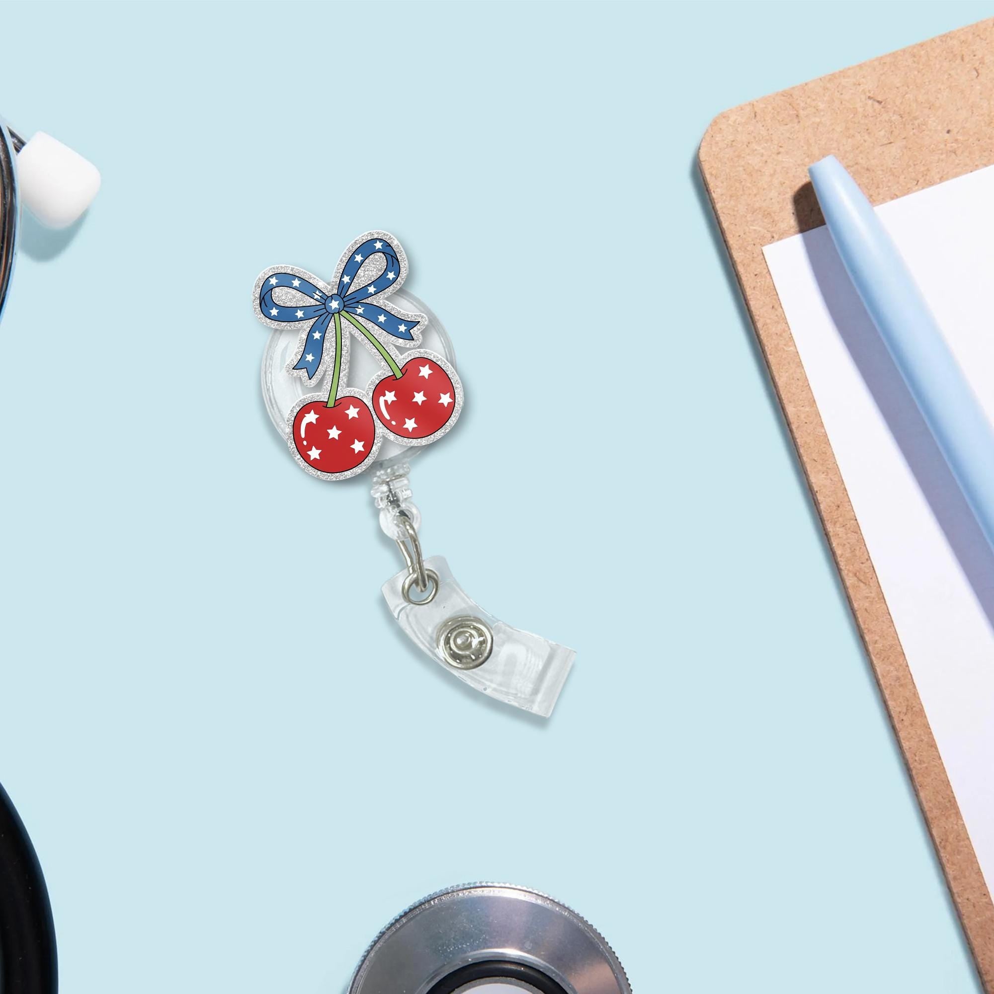 Patriotic Coquette Cherry Faux Glitter Badge Reel, Cute ID Holder, Y2K Nurse Accessory, Red White Blue Aesthetic,Girly RN Gift,Kute 4th July