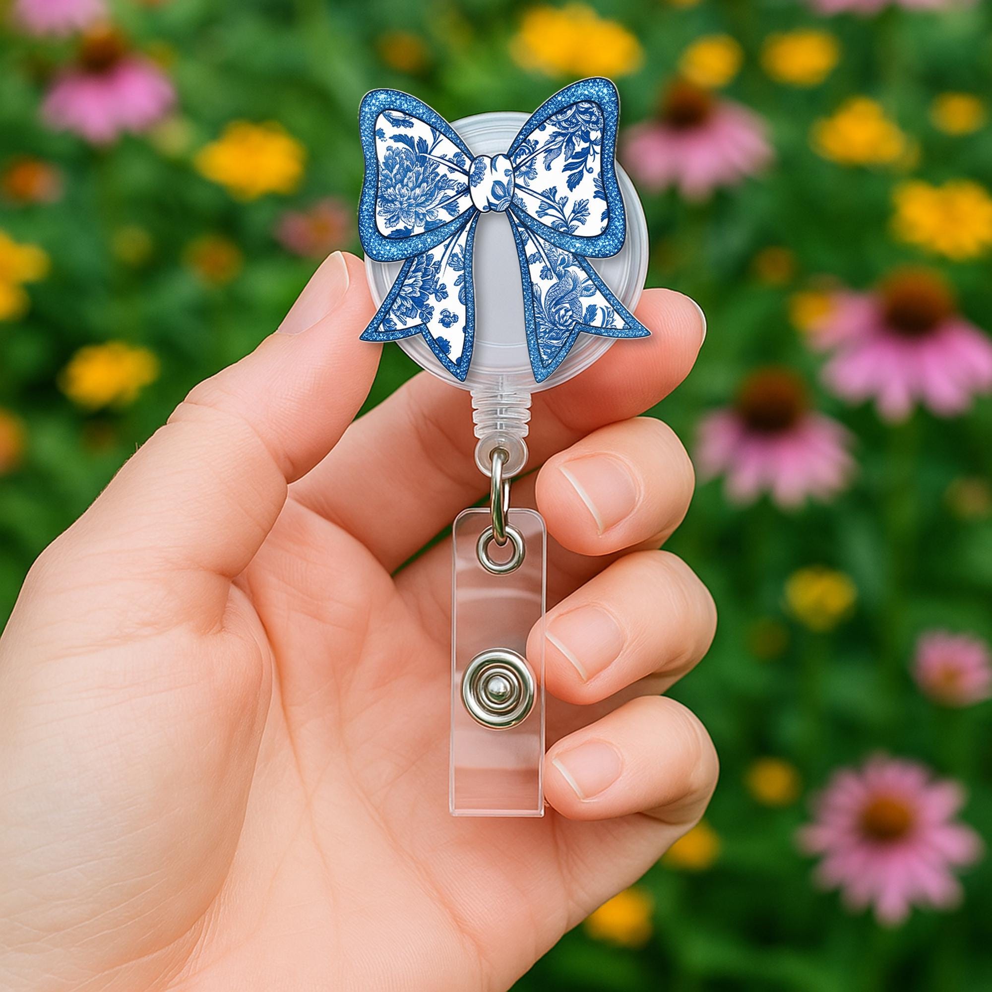 Chinoiserie Floral Bow Faux Glitter Badge Reel, Elegant ID Holder, Vintage Blue White Badge Clip, Nurse Gift, Cute Work Accessory