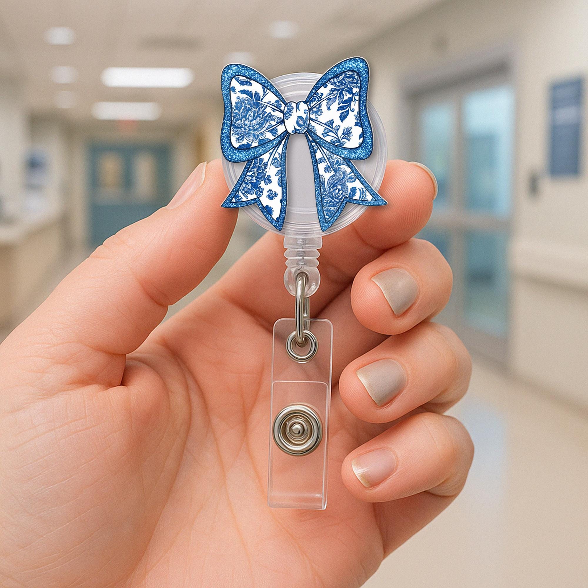 Chinoiserie Floral Bow Faux Glitter Badge Reel, Elegant ID Holder, Vintage Blue White Badge Clip, Nurse Gift, Cute Work Accessory