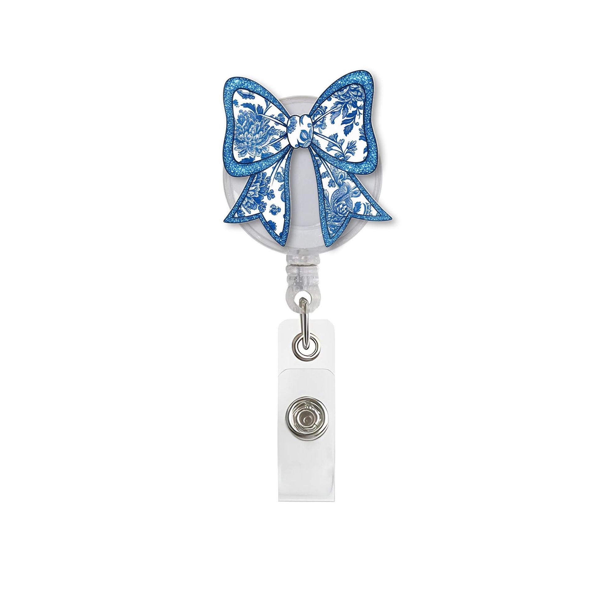 Chinoiserie Floral Bow Faux Glitter Badge Reel, Elegant ID Holder, Vintage Blue White Badge Clip, Nurse Gift, Cute Work Accessory