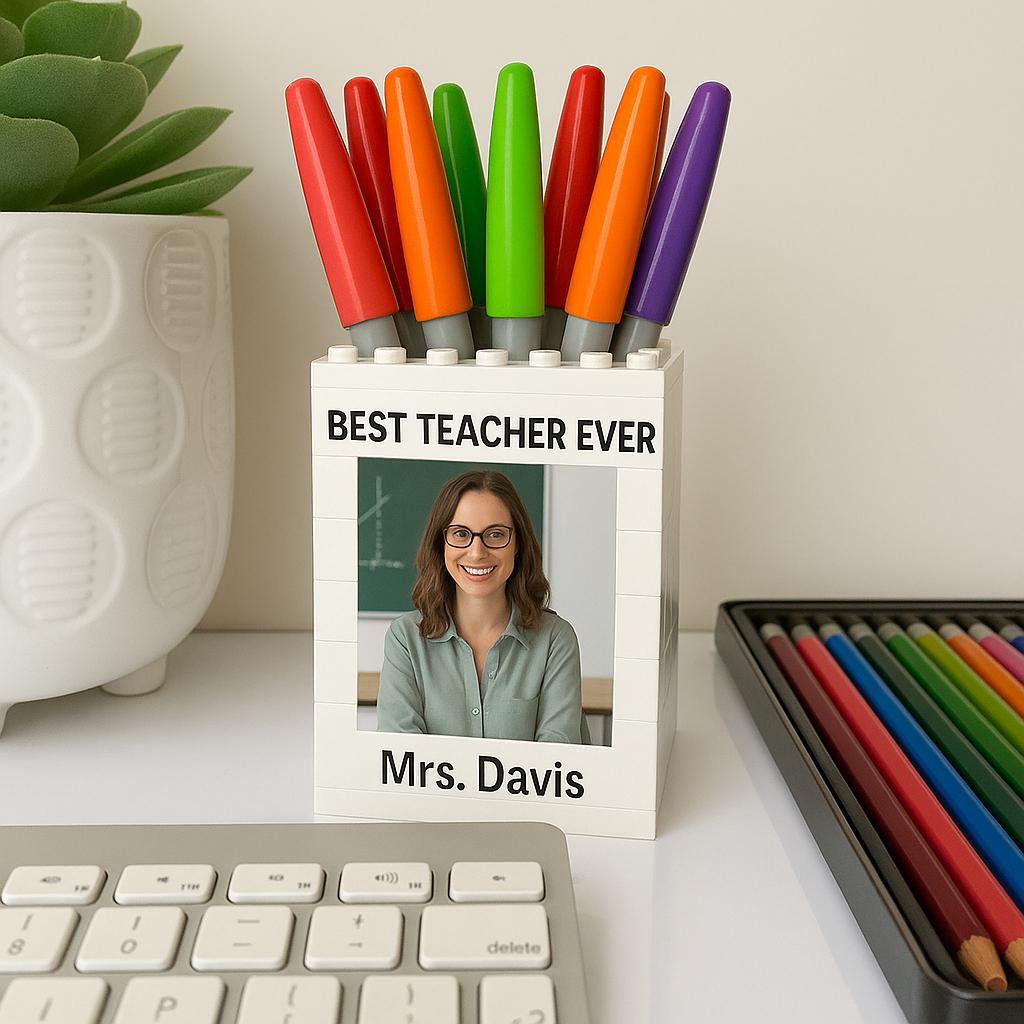 Personalized Teacher Gift Photo Building Pen Pot, Custom Name 'Best Teacher Ever' Pencil Holder, Unique End of Year Brick Desk Organizer