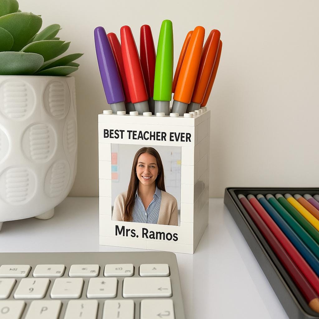 Personalized Teacher Gift Photo Building Pen Pot, Custom Name 'Best Teacher Ever' Pencil Holder, Unique End of Year Brick Desk Organizer