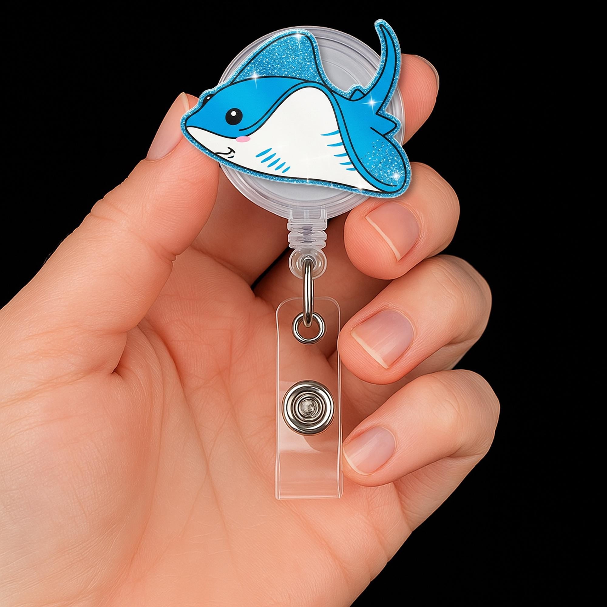 Kute Stingray Faux Glitter Badge Reel, Fish Badge Holder, Nurse ID Reel, Cute Sea Animal Lanyard, Ocean Theme Badge Clip, Gift for Coworker