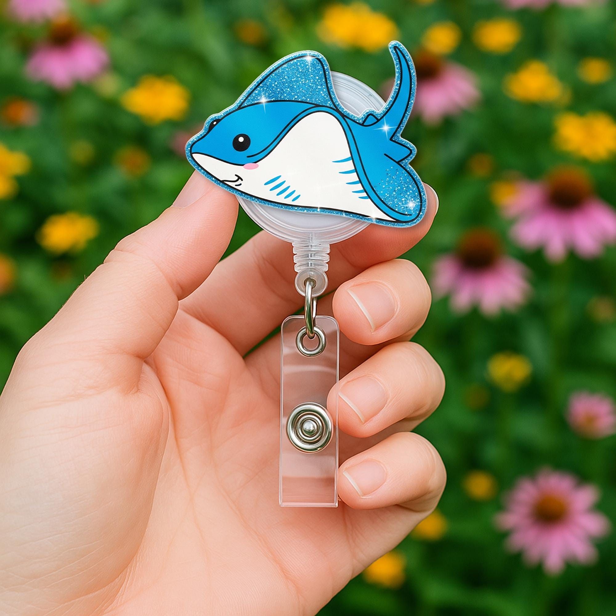Kute Stingray Faux Glitter Badge Reel, Fish Badge Holder, Nurse ID Reel, Cute Sea Animal Lanyard, Ocean Theme Badge Clip, Gift for Coworker
