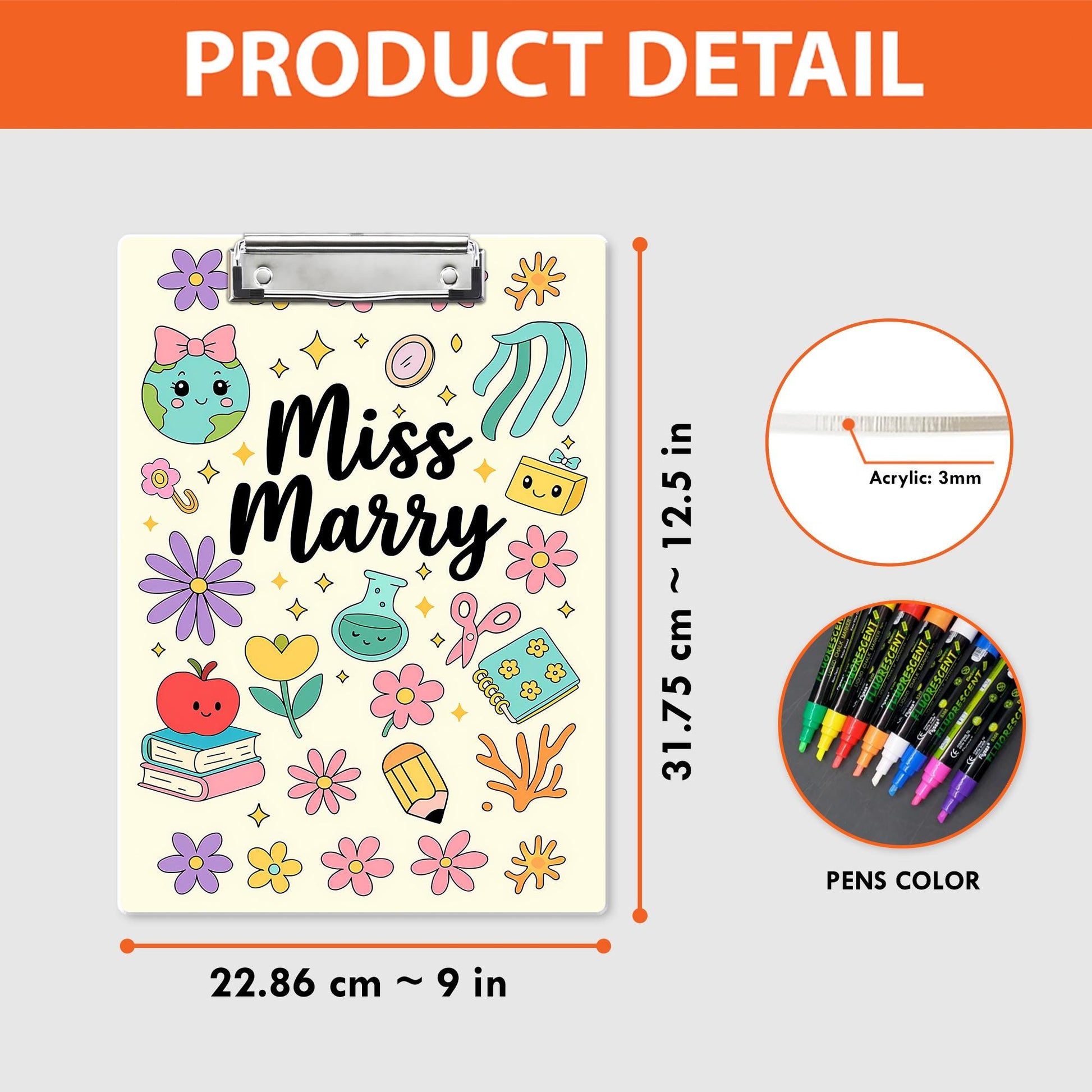 Custom Teacher Clipboard – Personalized Cute School Supplies Design – Name Clipboard for Classroom – Gift for Miss Marry or Educators