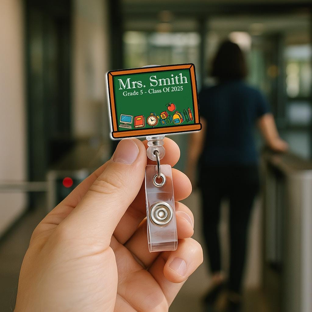 Custom Teacher Shaker Badge Reel – Personalized Chalkboard Design with Name & Icons, Fun Back to School Gift for Class of 2025, Educators