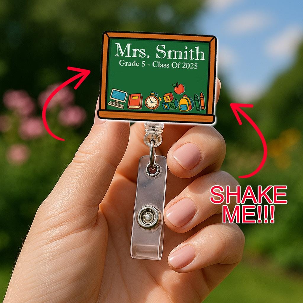 Custom Teacher Shaker Badge Reel – Personalized Chalkboard Design with Name & Icons, Fun Back to School Gift for Class of 2025, Educators