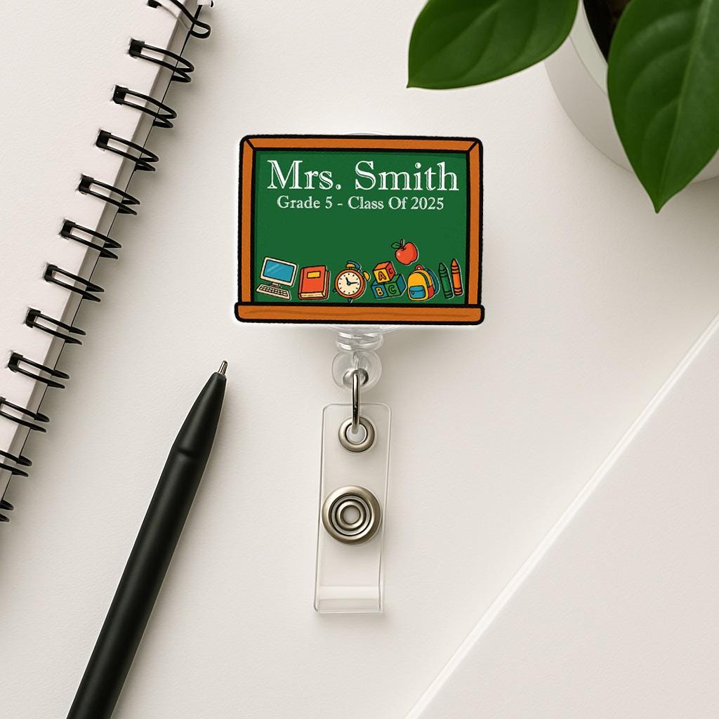 Custom Teacher Shaker Badge Reel – Personalized Chalkboard Design with Name & Icons, Fun Back to School Gift for Class of 2025, Educators