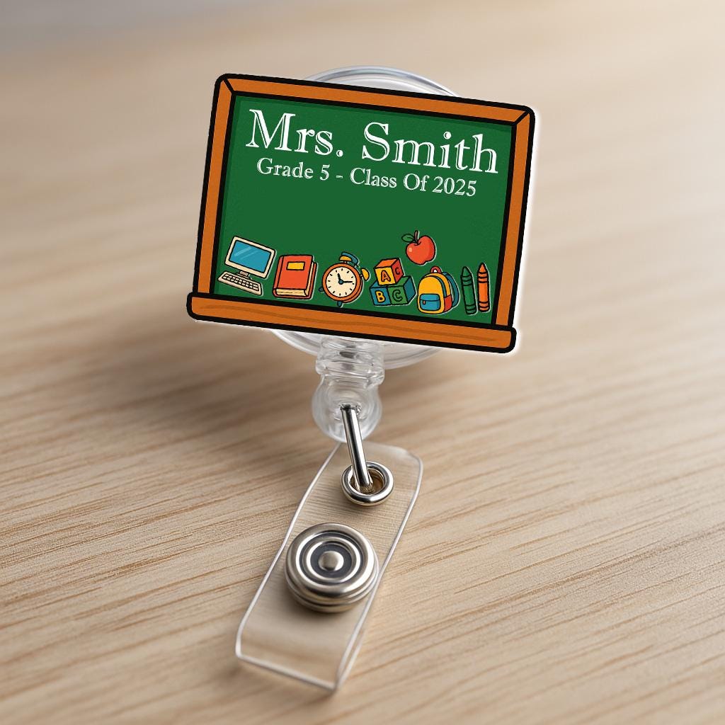 Custom Teacher Shaker Badge Reel – Personalized Chalkboard Design with Name & Icons, Fun Back to School Gift for Class of 2025, Educators
