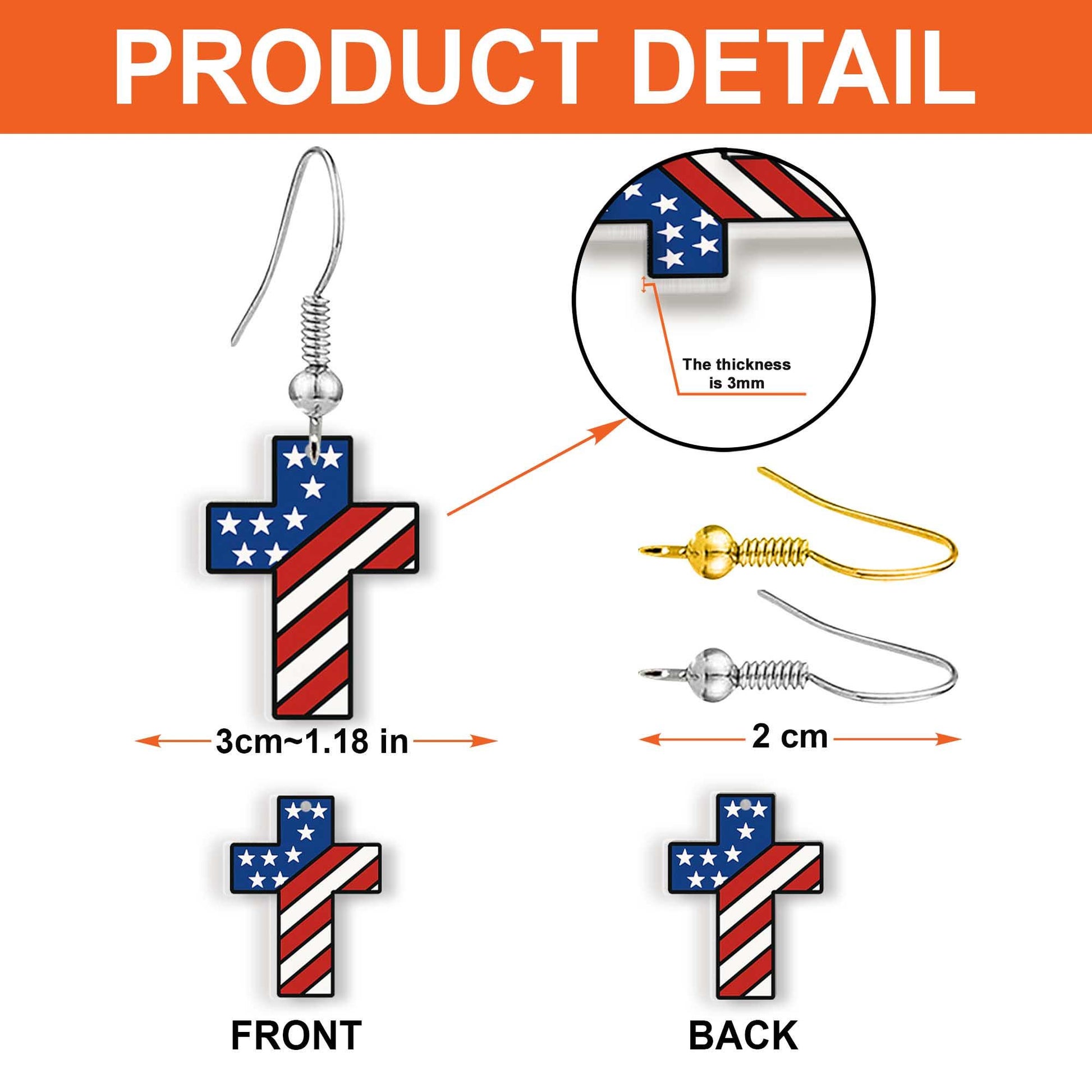 Patriotic Cross Earrings, USA Flag Jewelry, American Pride Gift, 4th of July Earrings, Red White Blue Dangle Earrings, Christian USA