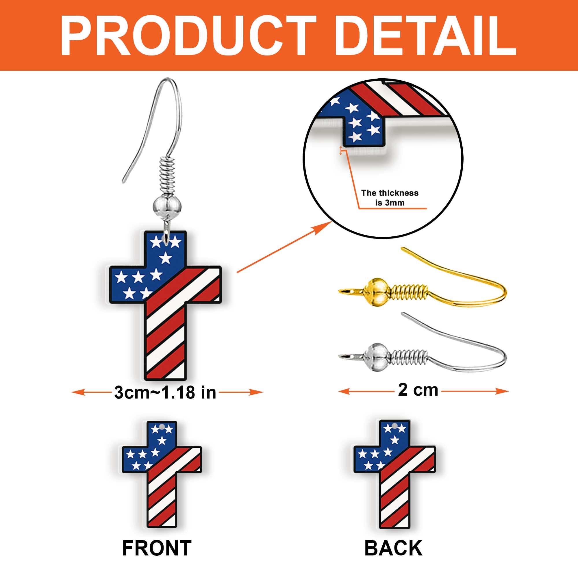 Patriotic Cross Earrings, USA Flag Jewelry, American Pride Gift, 4th of July Earrings, Red White Blue Dangle Earrings, Christian USA