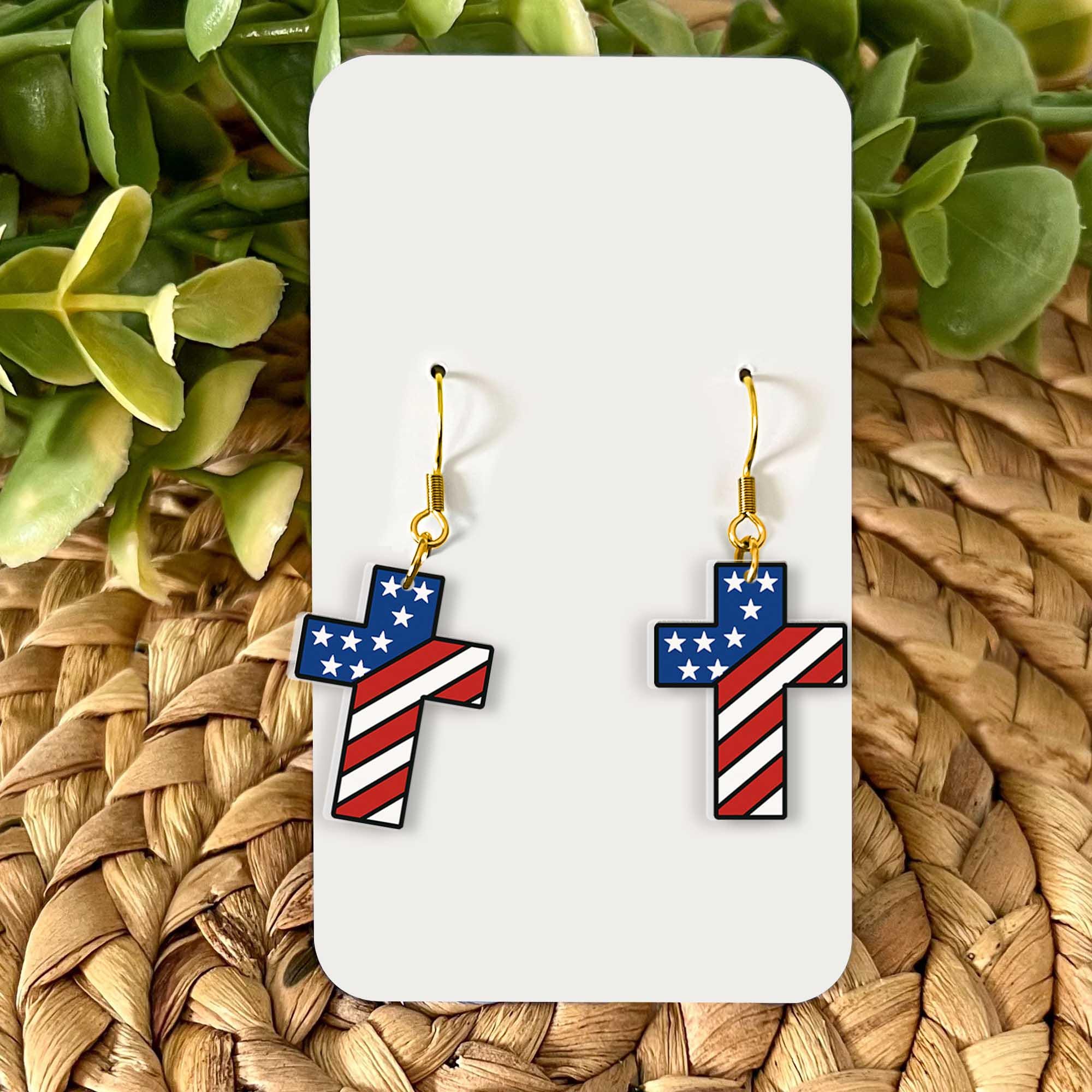 Patriotic Cross Earrings, USA Flag Jewelry, American Pride Gift, 4th of July Earrings, Red White Blue Dangle Earrings, Christian USA