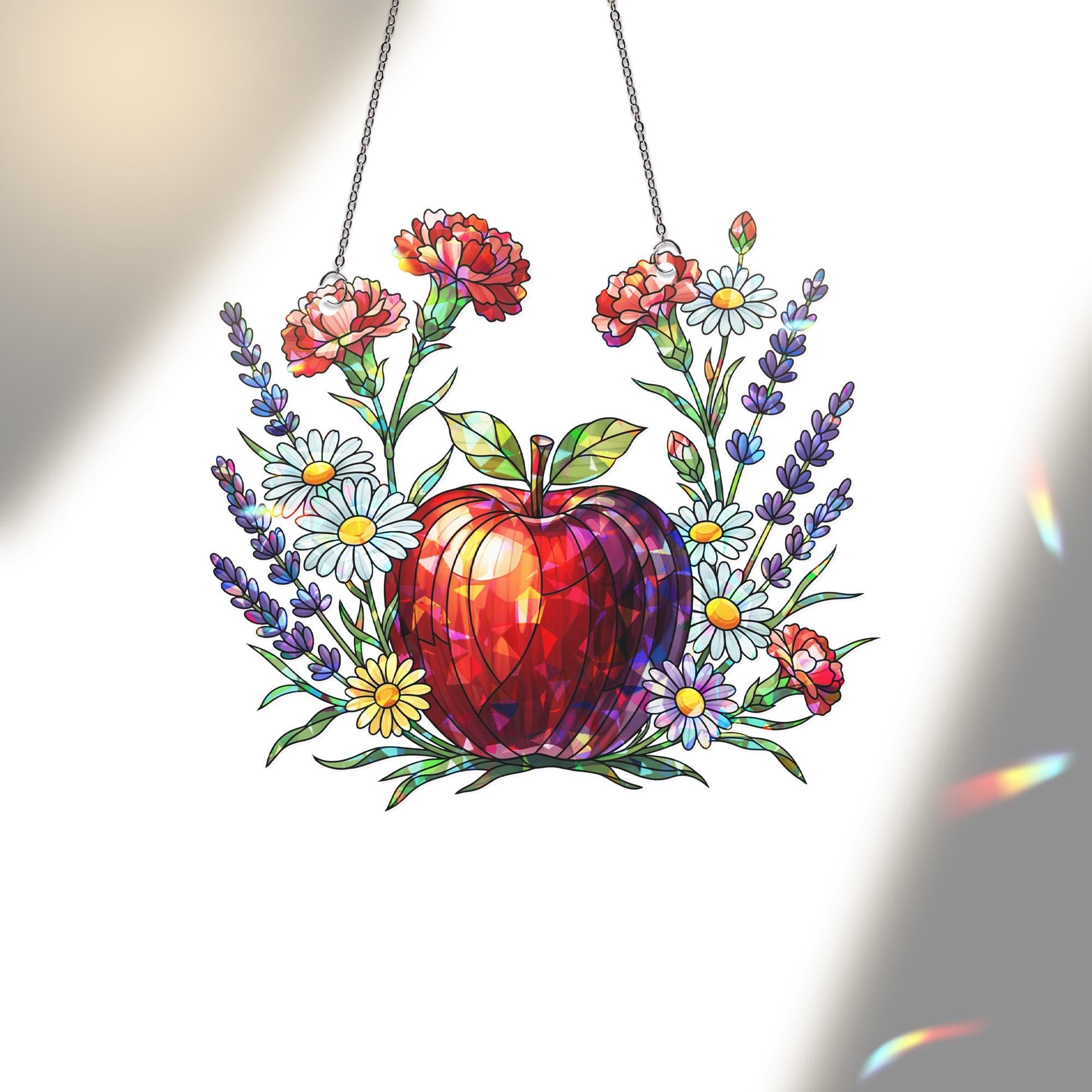 Teacher Apple Holographic Window Hanging – Floral Acrylic Sun Catcher – Red Apple Suncatcher Gift – Classroom or Home Decor