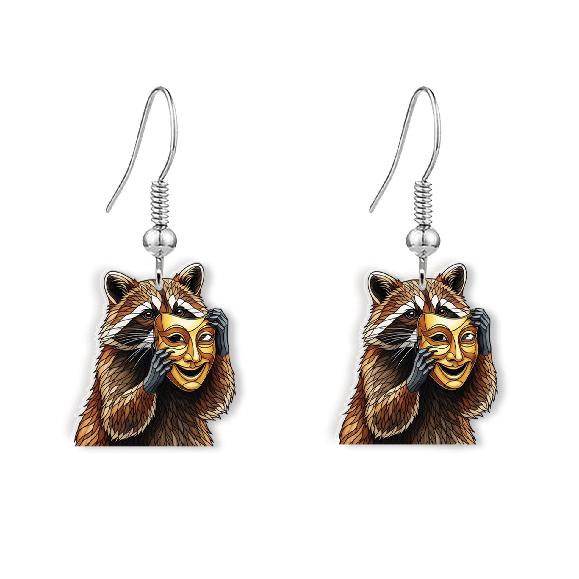 Raccoon Theater Mask Earrings – Funny Drama Comedy Earrings – Mischief Meets Art Jewelry – Quirky Actor Gift – Drama Club Accessory