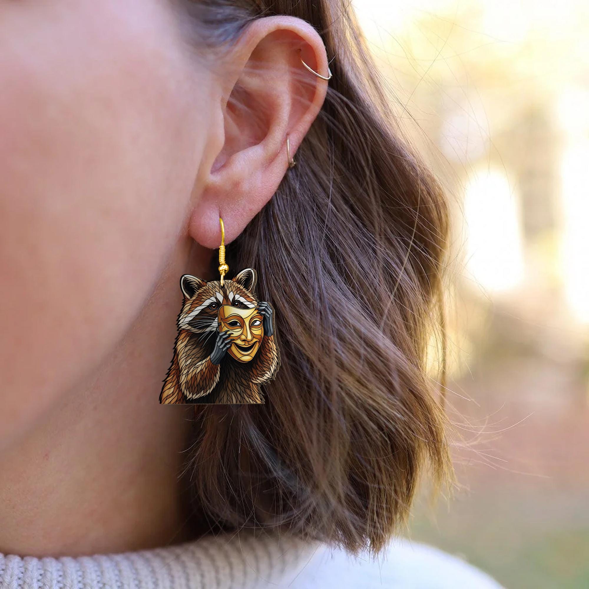 Raccoon Theater Mask Earrings – Funny Drama Comedy Earrings – Mischief Meets Art Jewelry – Quirky Actor Gift – Drama Club Accessory