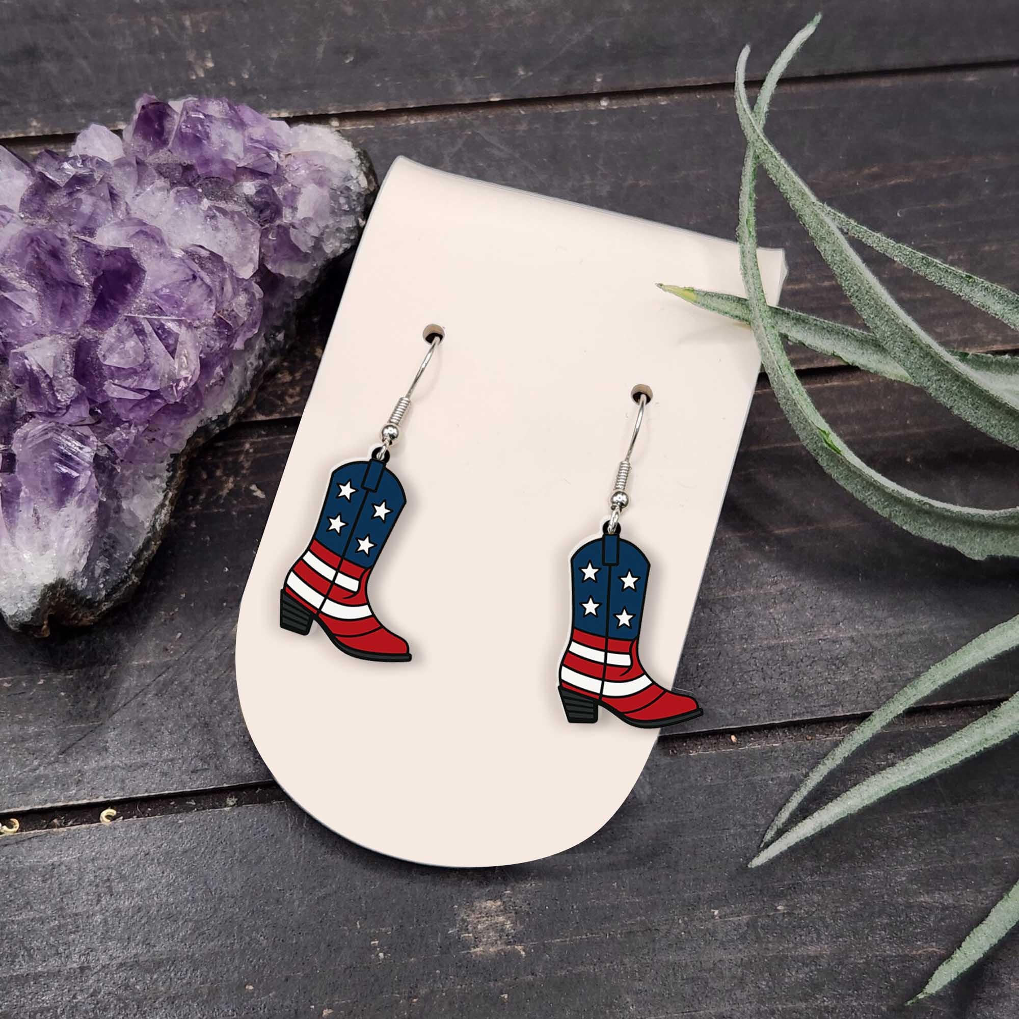 Patriotic Cowboy Boot Earrings, USA Western Jewelry, 4th of July Earrings, American Flag Boots, Country Girl Gift, Rodeo Style